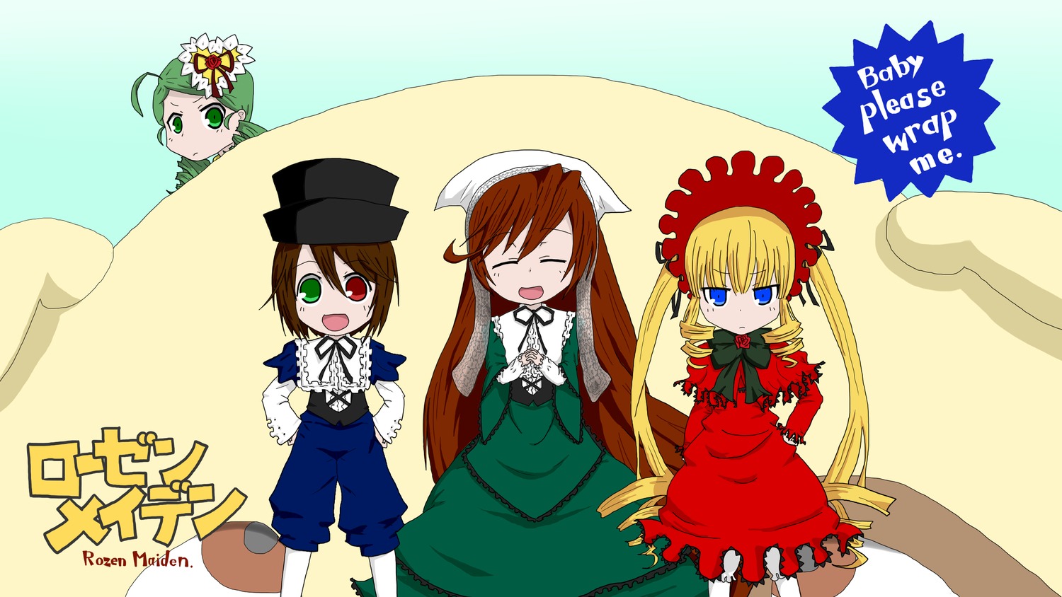 blonde_hair bonnet brown_hair closed_eyes dress drill_hair flower green_dress green_eyes green_hair hat head_scarf heterochromia image long_hair long_sleeves looking_at_viewer multiple multiple_girls open_mouth red_dress red_eyes shinku smile souseiseki suiseiseki tagme twintails very_long_hair