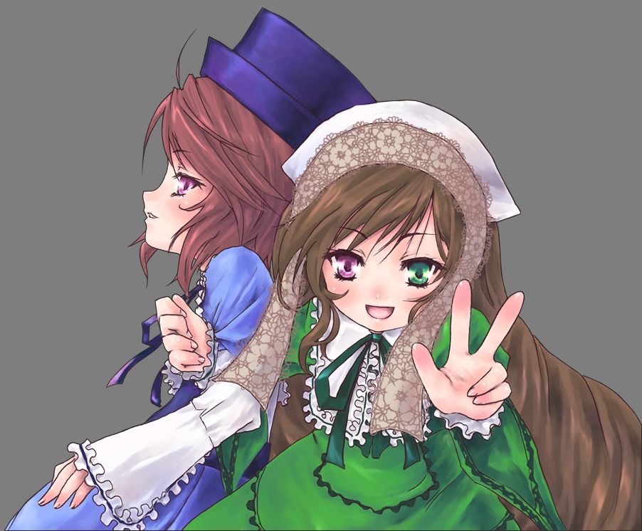 2girls brown_hair dress green_dress green_eyes hat head_scarf heterochromia image long_hair long_sleeves looking_at_viewer multiple_girls open_mouth pair purple_eyes short_hair siblings simple_background sisters smile souseiseki suiseiseki twins white_background