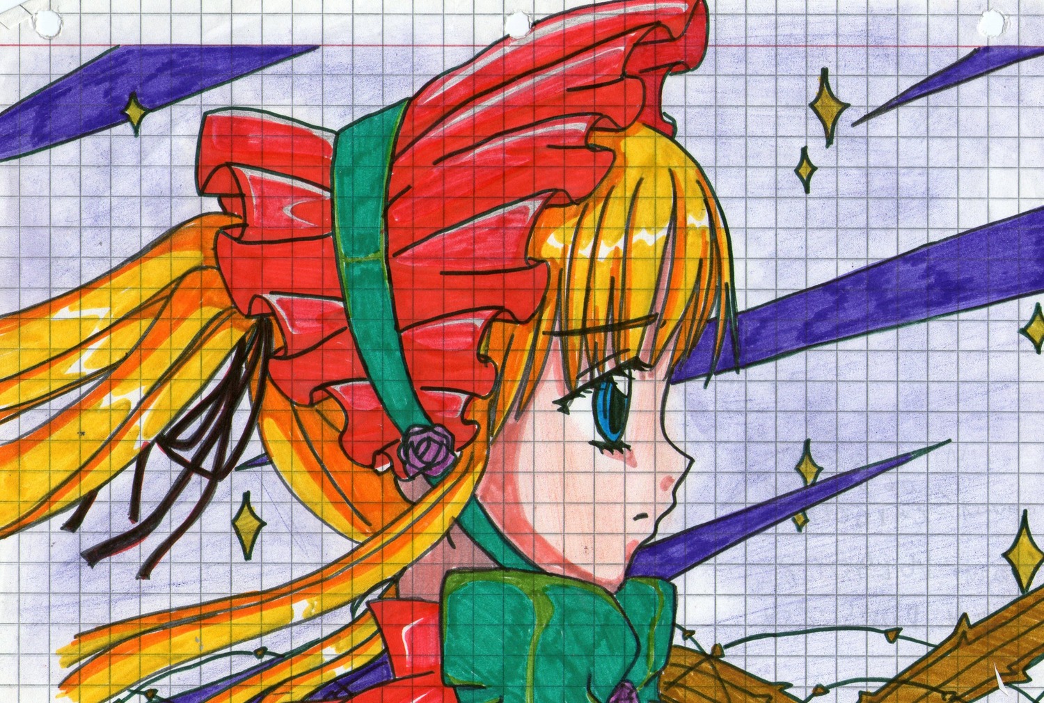 1990s_(style) 1girl blonde_hair blue_eyes bow brick_wall chain-link_fence fence flower hat honeycomb_(pattern) image long_hair plaid plaid_background profile rose shinku silk solo sparkle spider_web tile_floor tile_wall tiles traditional_media