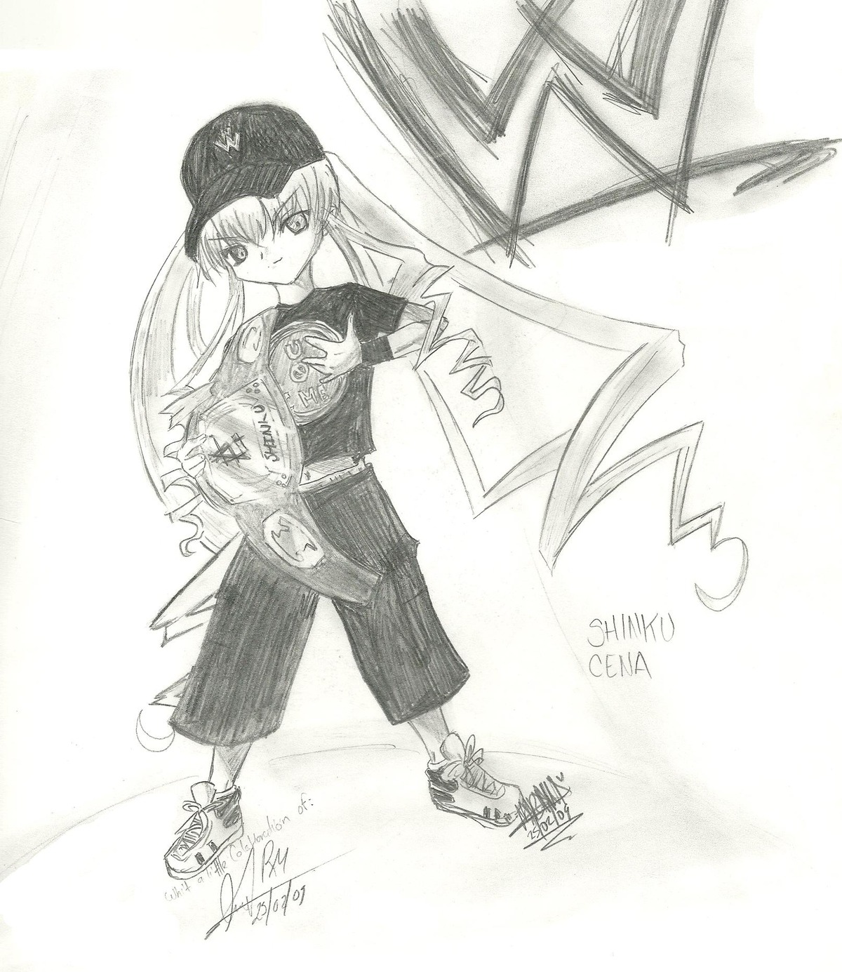 1girl auto_tagged baseball_cap clothes_writing full_body greyscale hat image long_hair looking_at_viewer monochrome shinku shoes signature smile sneakers solo sportswear standing twintails uniform