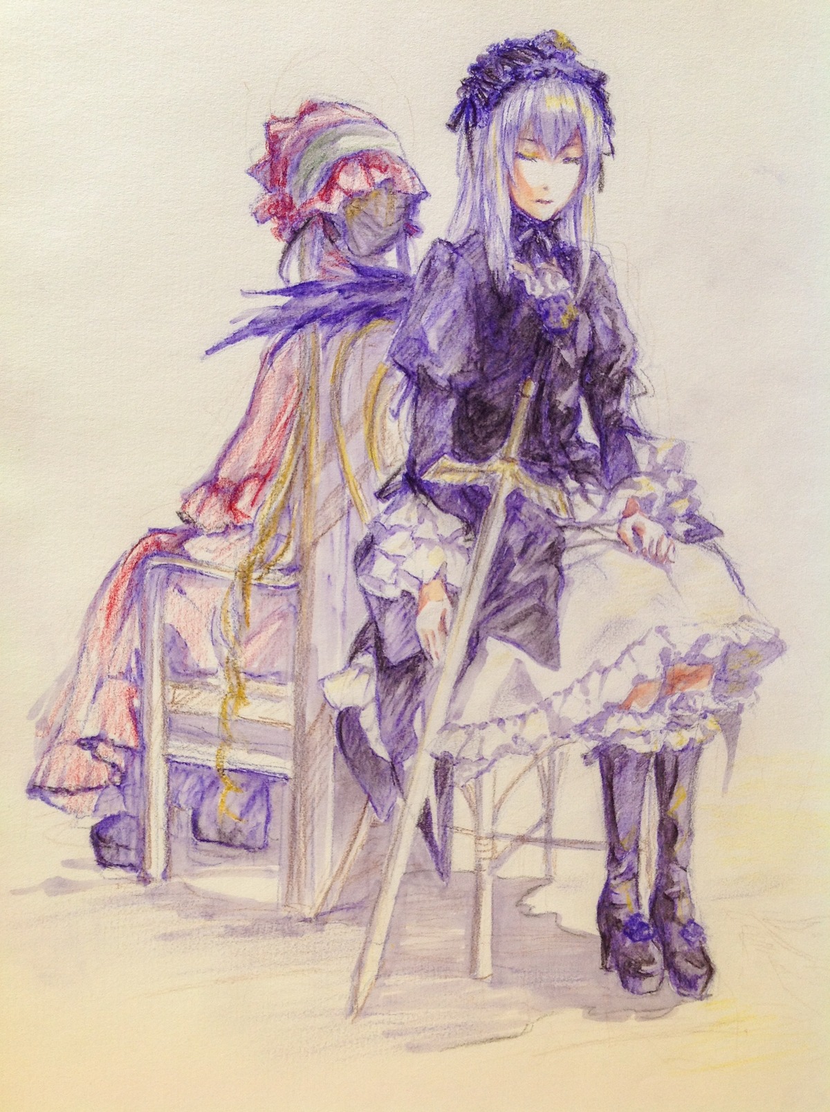 1girl dress flower frills image long_hair pair shinku solo standing suigintou traditional_media