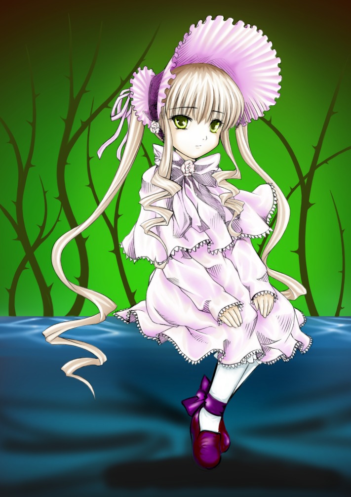 1girl blonde_hair bonnet bow dress frills full_body green_eyes image lolita_fashion long_hair long_sleeves looking_at_viewer pink_bow shinku shoes sitting smile solo twintails very_long_hair white_dress white_legwear