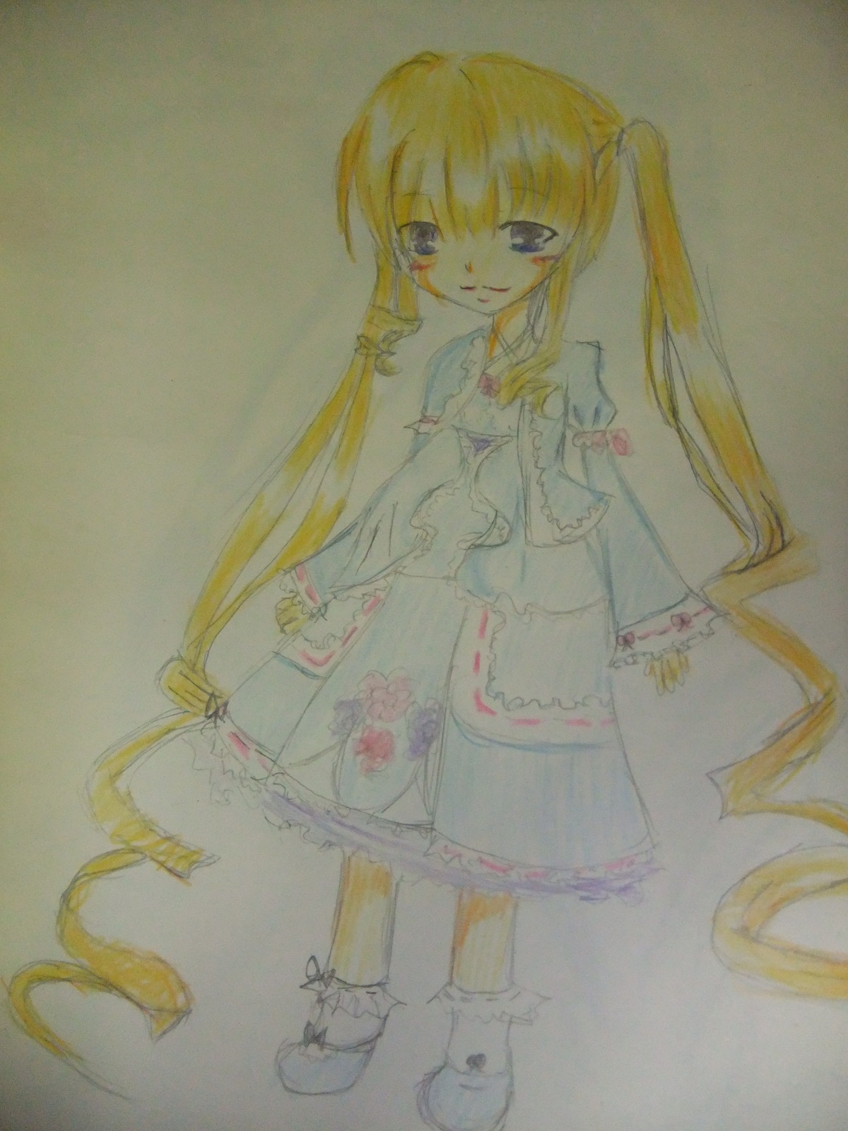 1girl blonde_hair colored_pencil_(medium) dress full_body image long_hair long_sleeves looking_at_viewer photo purple_eyes shinku simple_background smile solo standing traditional_media twintails very_long_hair watercolor_(medium)