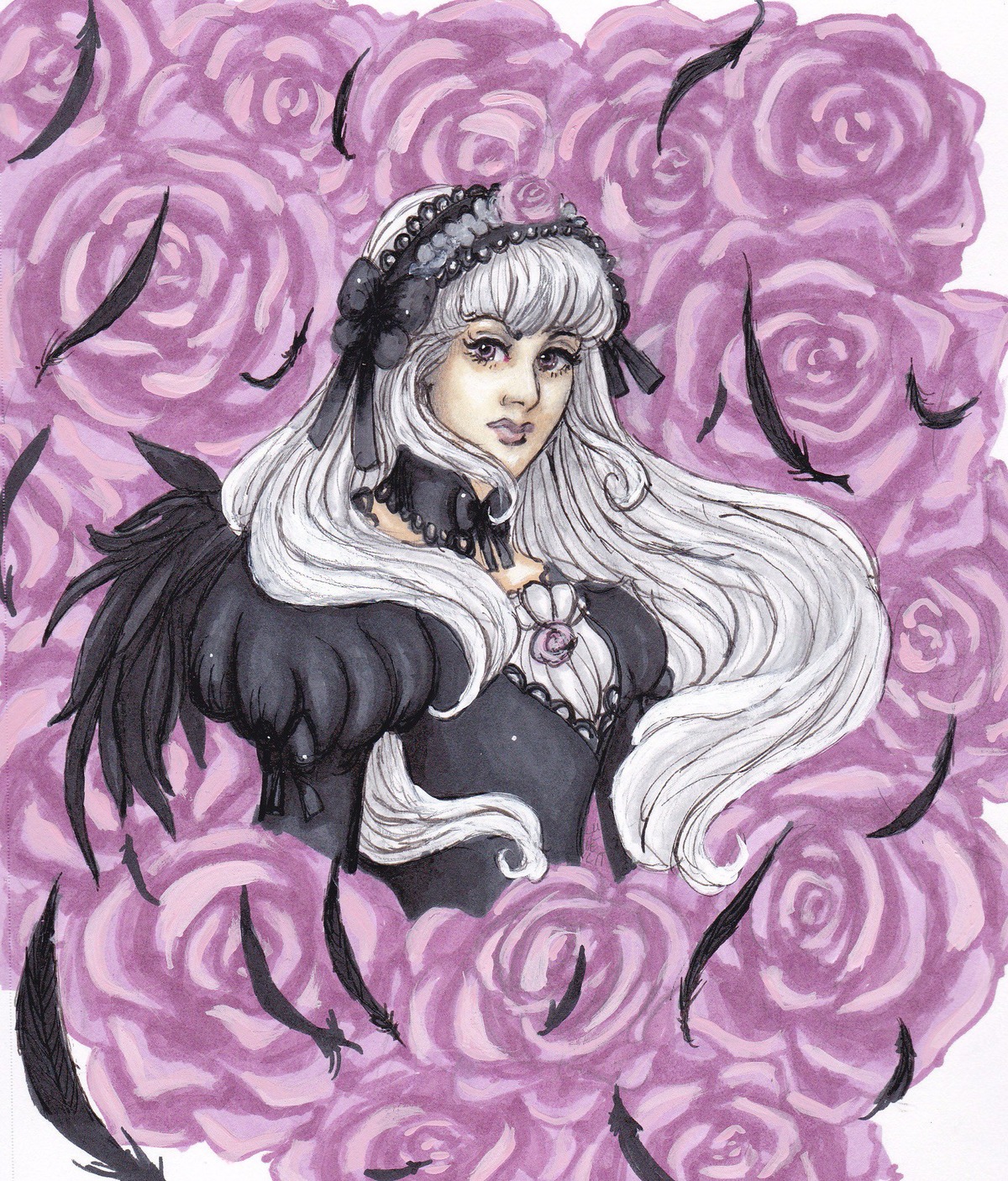 1girl feathers flower gothic_lolita image lolita_fashion long_hair pink_flower pink_rose purple_flower purple_rose rose silver_hair solo suigintou traditional_media very_long_hair white_hair