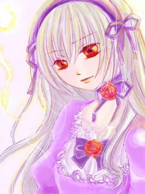 1girl bangs dress eyebrows_visible_through_hair flower hairband image long_hair looking_at_viewer purple_flower purple_rose red_eyes red_flower red_rose ribbon rose solo suigintou upper_body