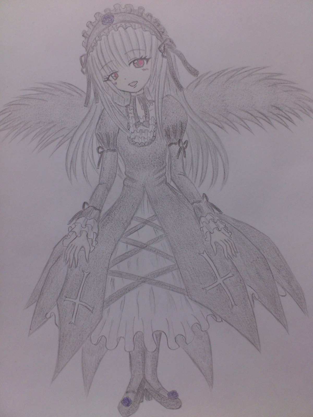 1girl dress feathered_wings frills full_body hairband image lolita_hairband long_hair long_sleeves looking_at_viewer monochrome open_mouth smile solo standing suigintou traditional_media wings