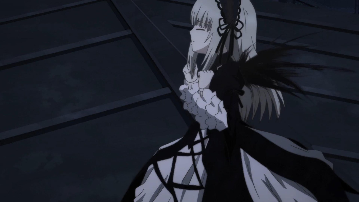 1girl black_wings closed_eyes closed_mouth dress flower frilled_sleeves frills hairband image long_hair long_sleeves profile ribbon silver_hair solo suigintou very_long_hair wings