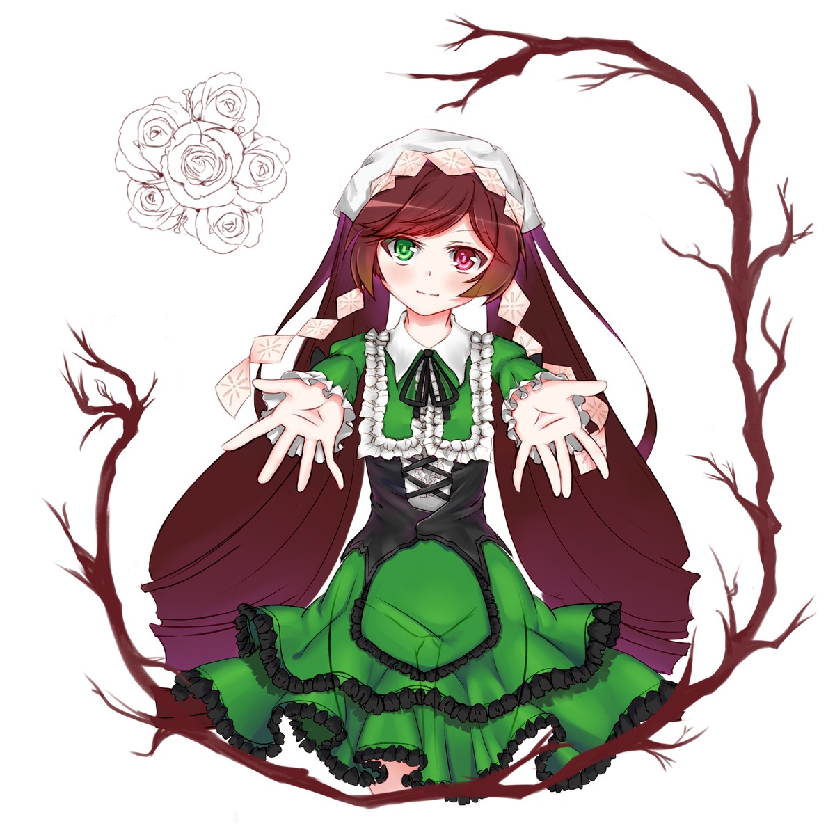 1girl blush brown_hair dress flower frills green_dress green_eyes heterochromia image lolita_fashion long_hair long_sleeves looking_at_viewer outstretched_arms outstretched_hand red_eyes smile solo suiseiseki tree twintails very_long_hair white_background