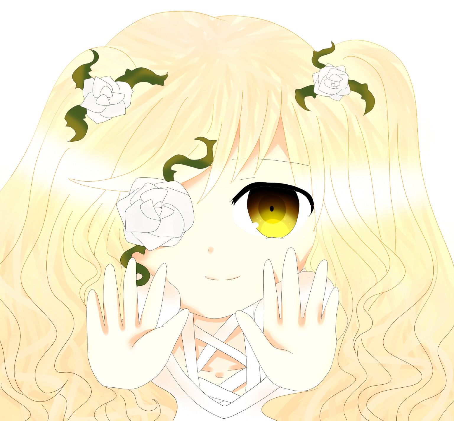 1girl blonde_hair choker flower hair_flower hair_ornament hands image kirakishou long_hair rose smile solo thorns white_flower white_rose yellow_eyes yellow_rose