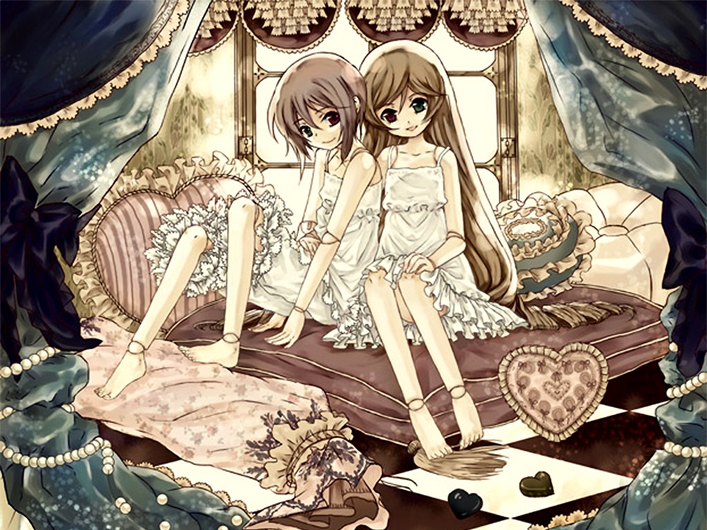 barefoot bed bloomers brown_hair checkered checkered_background checkered_floor curtains dress feet frills green_eyes image long_hair multiple_girls pair pillow ribbon short_hair siblings sisters sitting smile souseiseki suiseiseki twins underwear window