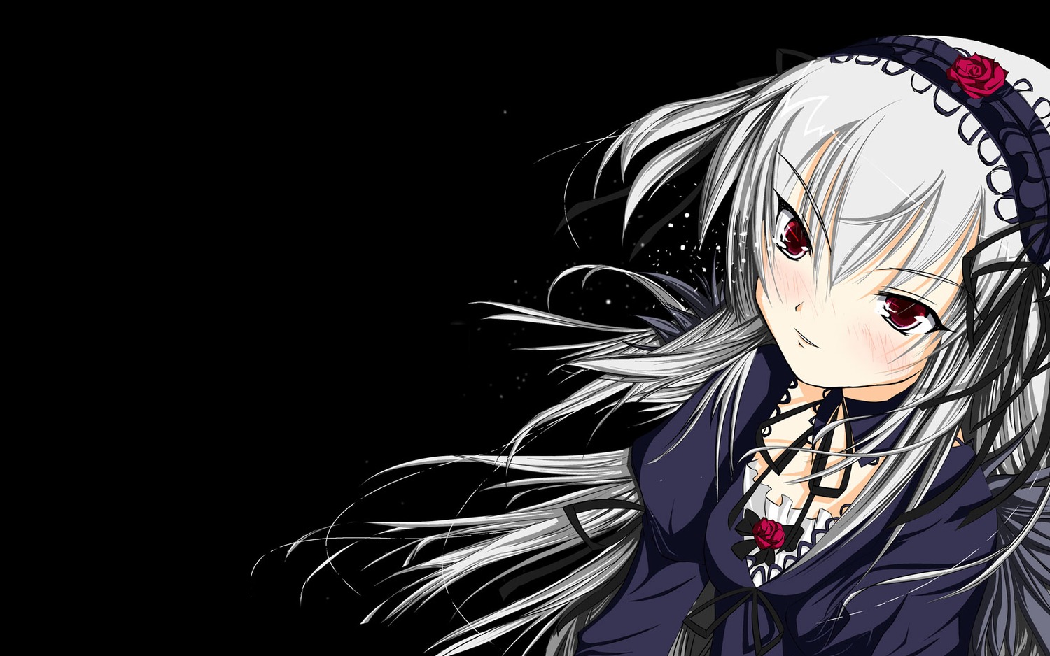 1girl black_background blush dress flower frills hairband image lolita_hairband long_hair long_sleeves looking_at_viewer red_eyes ribbon rose silver_hair simple_background smile solo suigintou upper_body wings