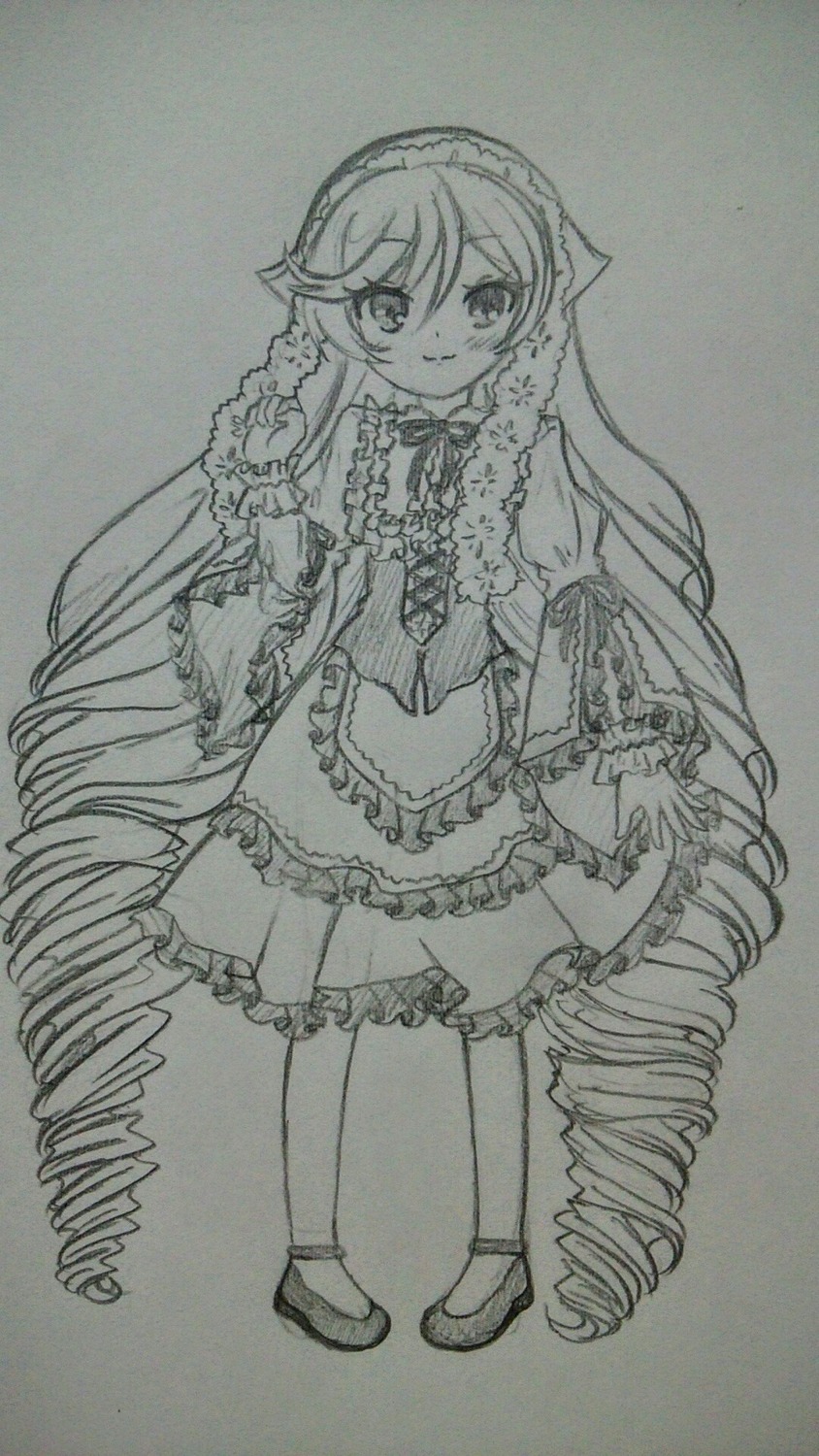1girl closed_mouth dress drill_hair eyebrows_visible_through_hair frills full_body greyscale image long_hair long_sleeves looking_at_viewer monochrome pantyhose ringlets shoes smile solo standing suiseiseki traditional_media twin_drills very_long_hair