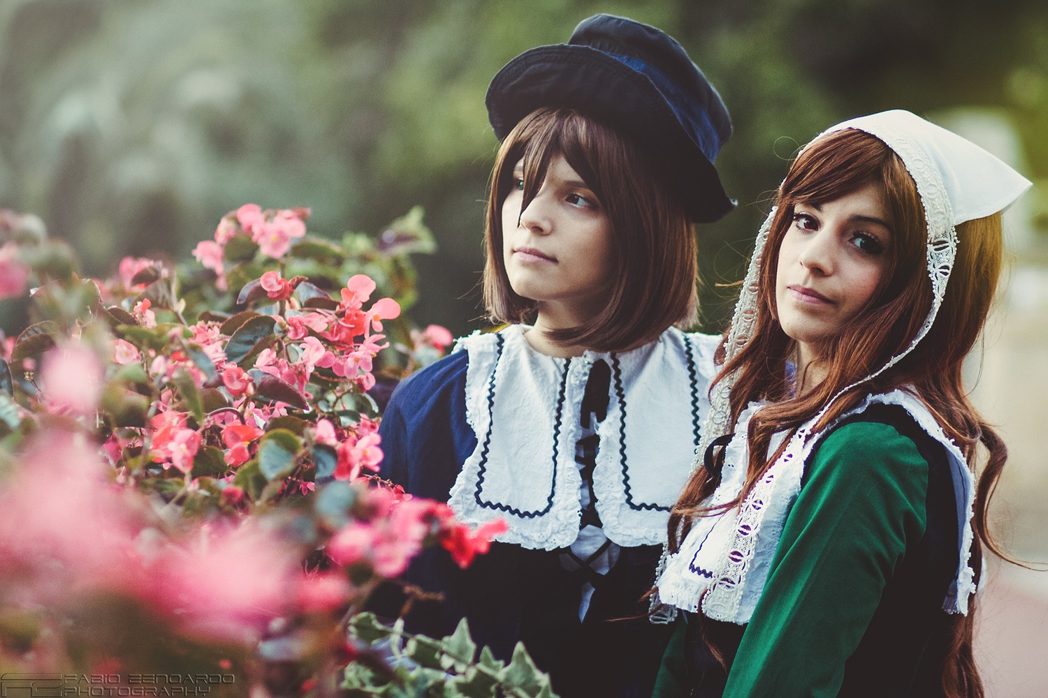 2girls artist_name blurry brown_hair depth_of_field dress flower hat lips long_hair multiple_cosplay multiple_girls realistic siblings sisters tagme twins