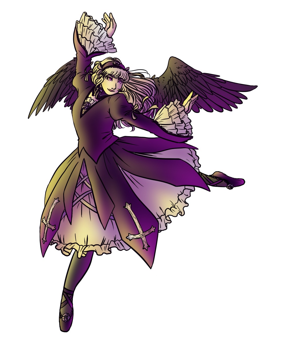 1girl black_wings dress feathered_wings frills full_body hat image long_hair long_sleeves pantyhose purple_dress purple_eyes purple_footwear shoes simple_background smile solo suigintou white_background wide_sleeves wings