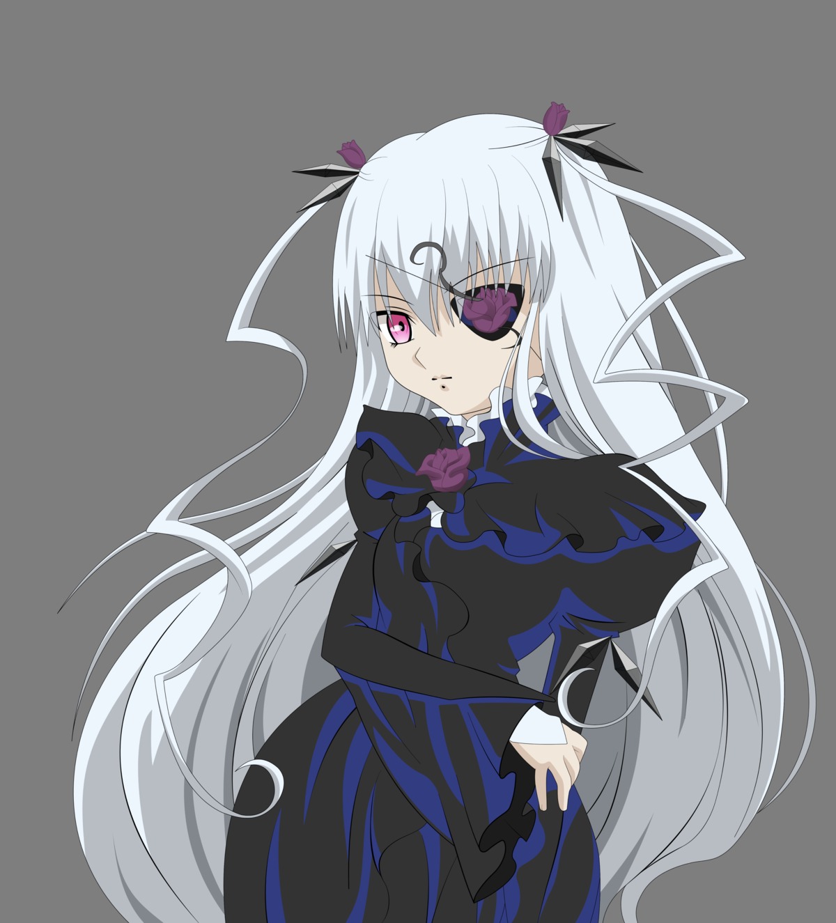 1girl barasuishou black_dress dress eyepatch image long_hair long_sleeves looking_at_viewer puffy_sleeves purple_eyes ribbon silver_hair solo transparent_background very_long_hair