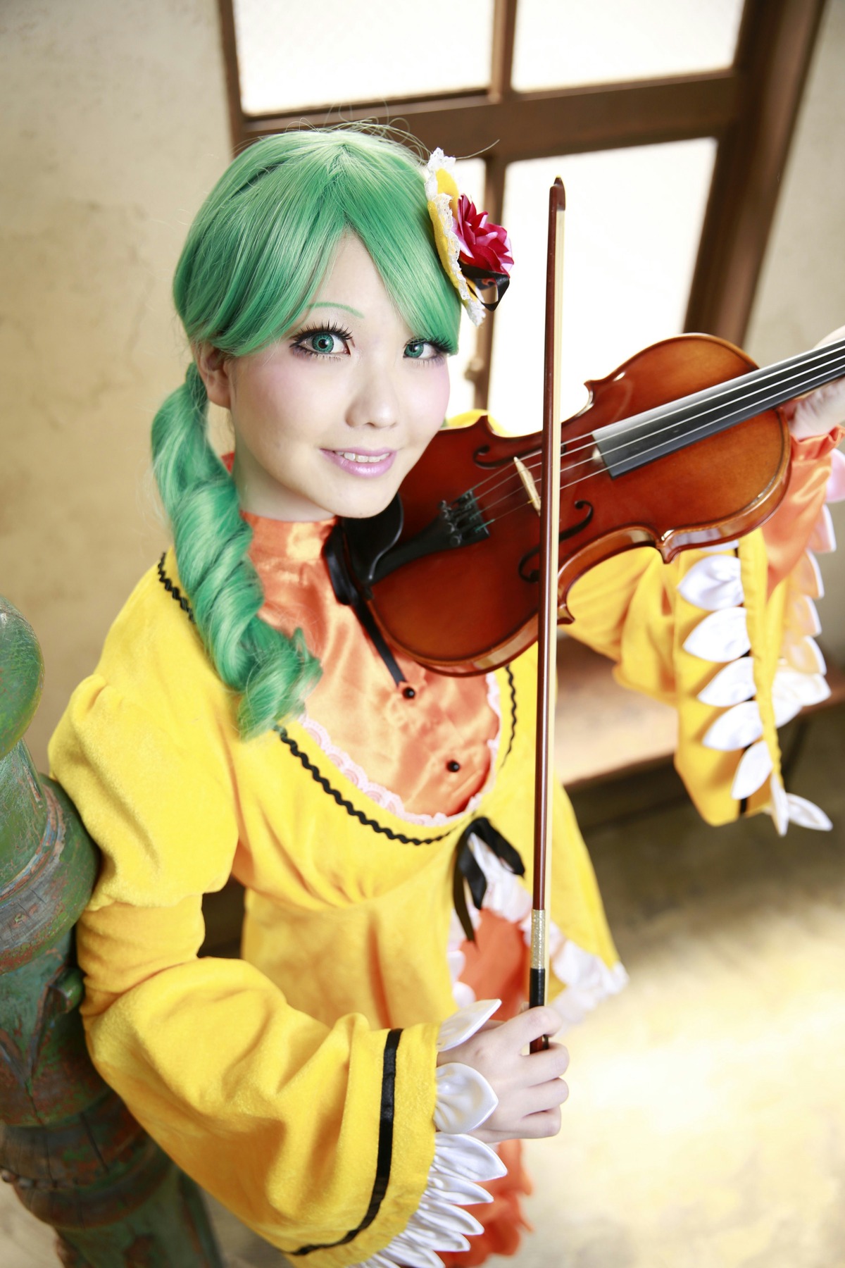 1girl blurry dress drill_hair flower green_hair guitar hair_flower hair_ornament instrument kanaria music musical_note photo piano playing_instrument solo violin