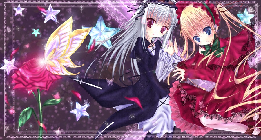 2girls blonde_hair blue_eyes bug butterfly dress flower frills hairband image insect long_hair long_sleeves looking_at_viewer multiple_girls pair red_dress shinku silver_hair sitting star_(symbol) suigintou wings