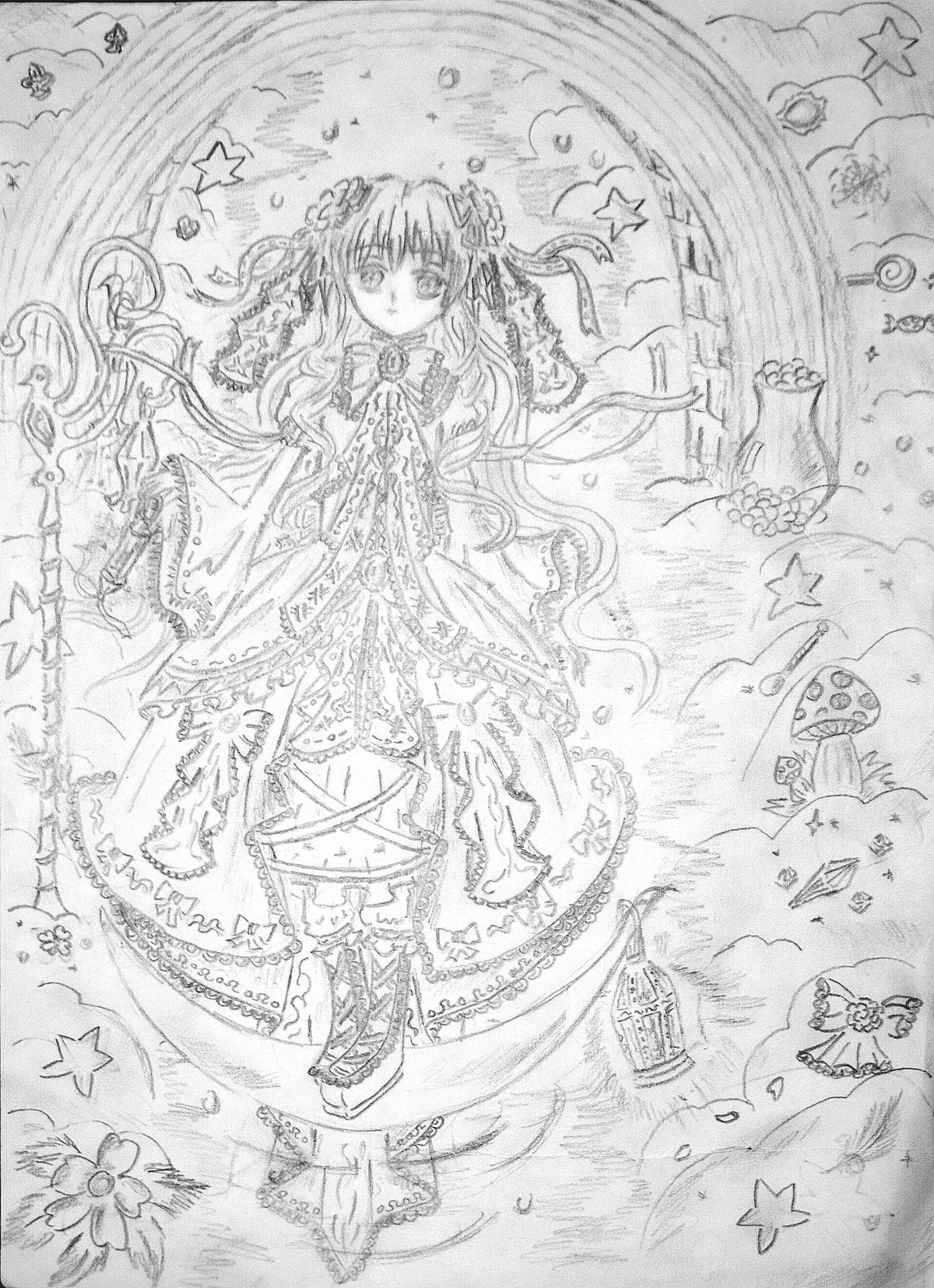 1girl auto_tagged bug butterfly cross dress fish flower greyscale hair_ornament image insect kirakishou long_hair monochrome solo star_(symbol) star_hair_ornament starfish traditional_media