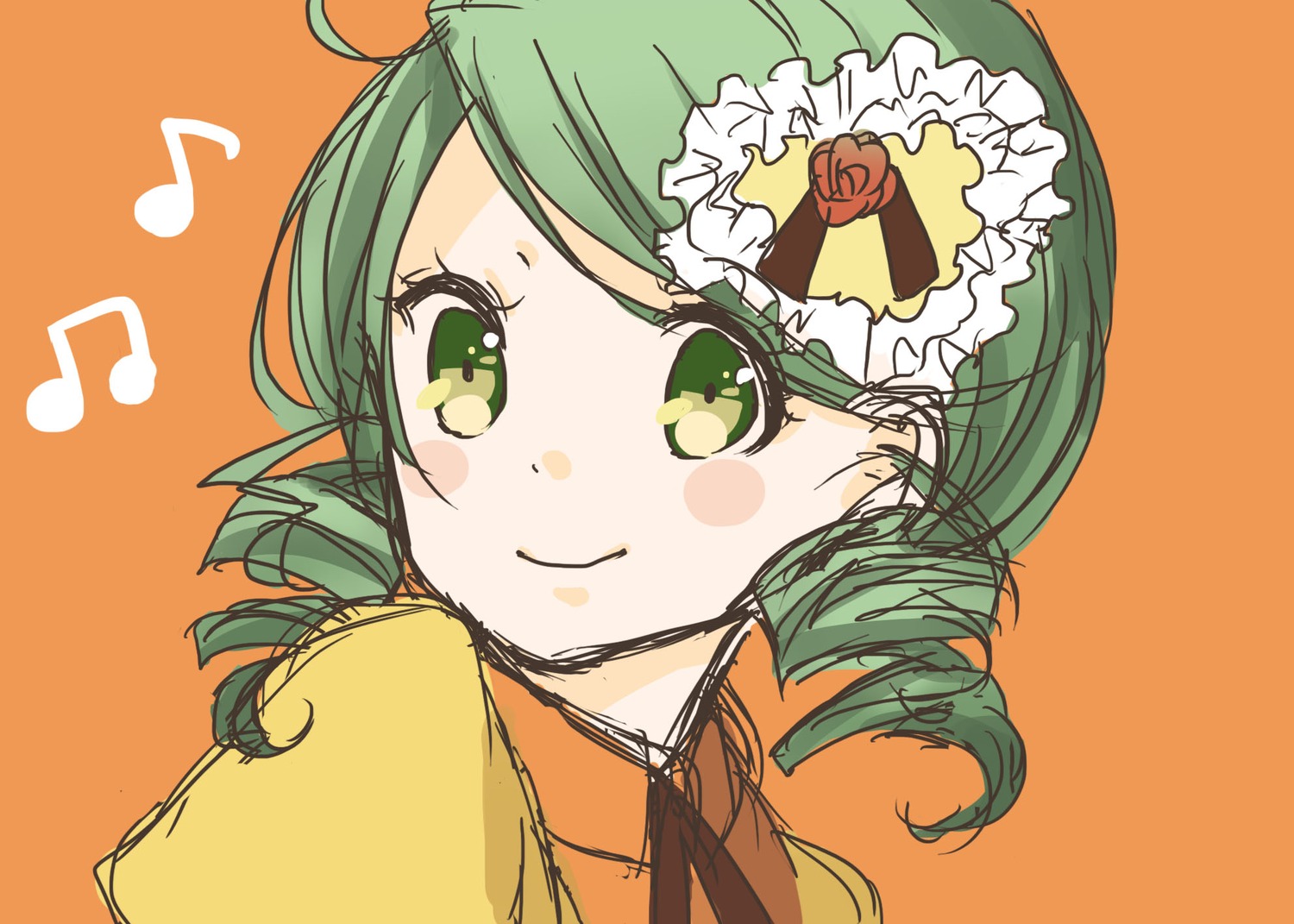 1girl beamed_eighth_notes beamed_sixteenth_notes eighth_note flower green_eyes green_hair image kanaria looking_at_viewer musical_note orange_background rose short_hair simple_background smile solo spoken_musical_note upper_body