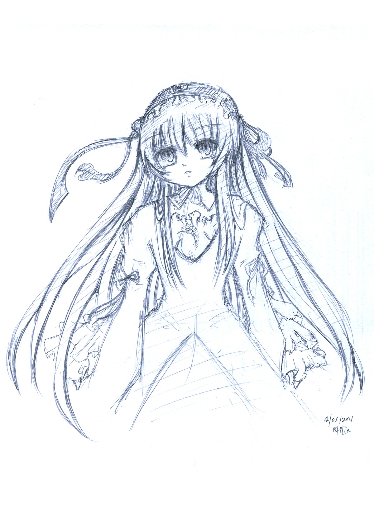 1girl dress hairband image lolita_hairband long_hair long_sleeves looking_at_viewer monochrome ribbon simple_background sketch solo suigintou very_long_hair white_background