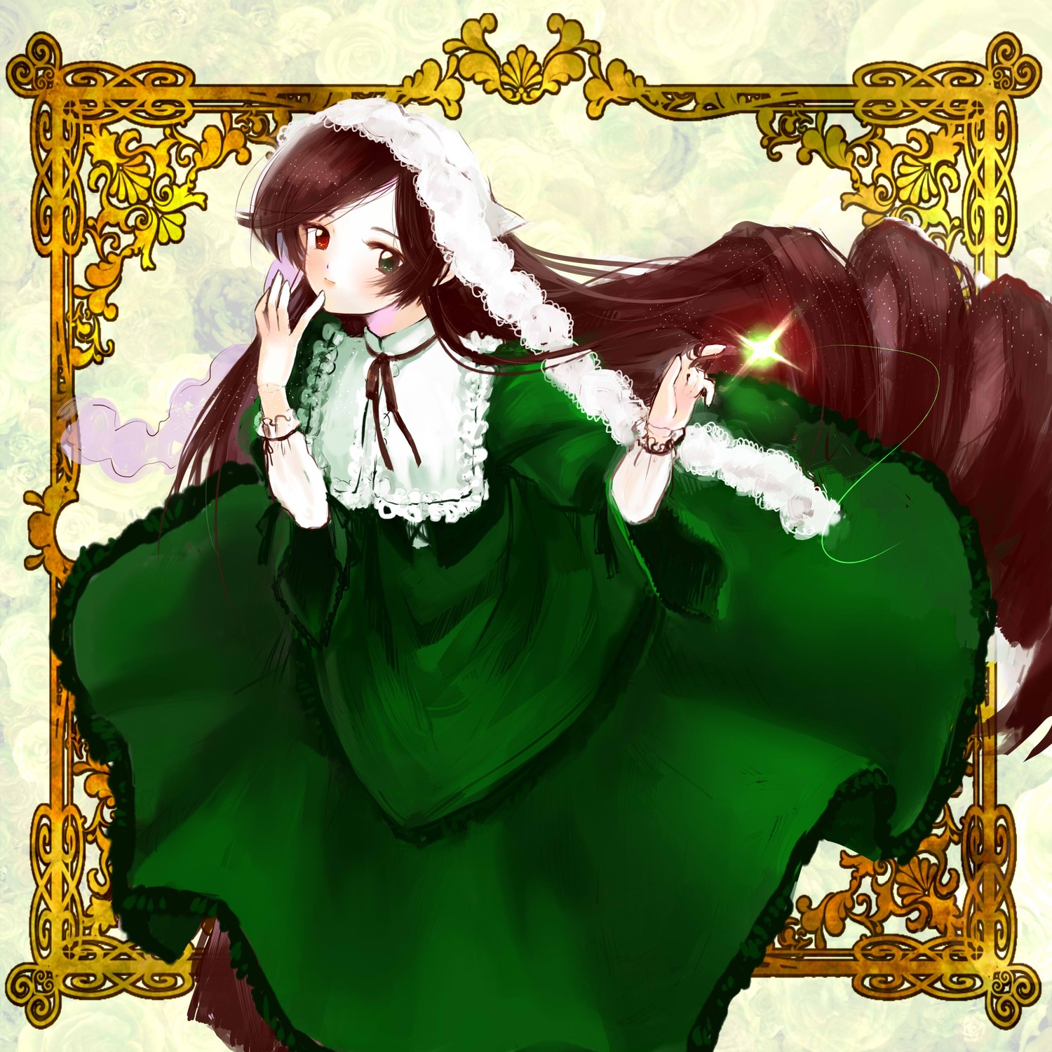 1girl brown_hair dress frills green_dress green_eyes heterochromia image long_hair long_sleeves looking_at_viewer red_eyes ribbon solo suiseiseki very_long_hair yellow_background