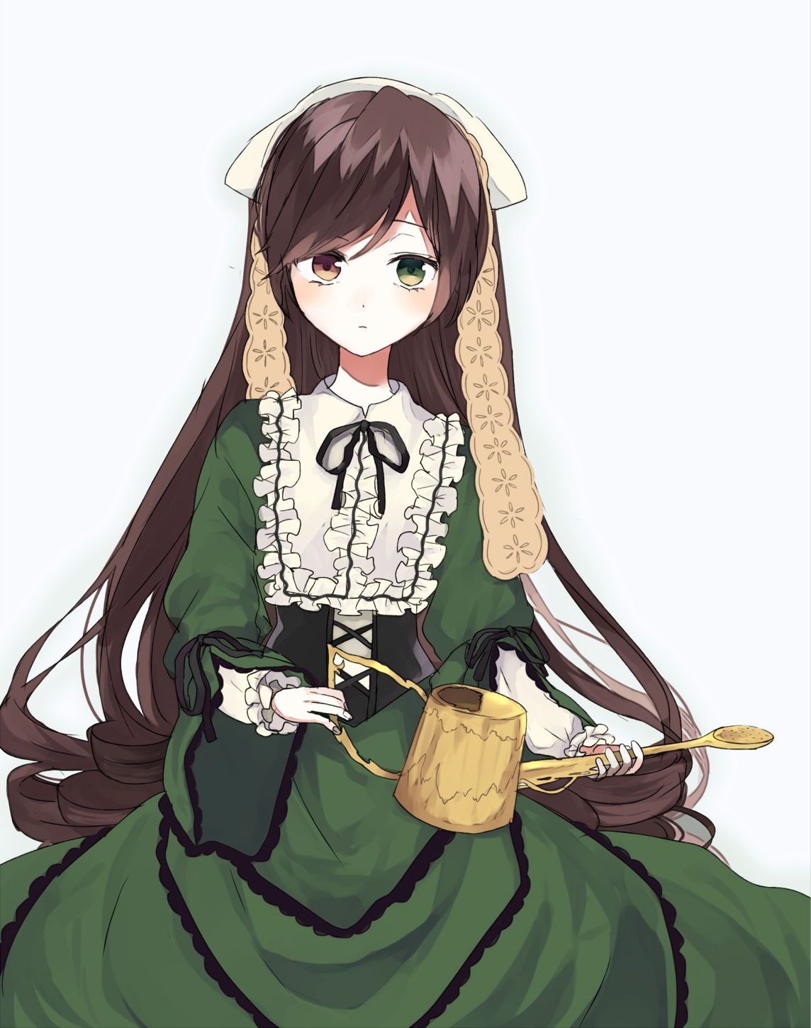 1girl bangs blush brown_hair dress frills green_dress green_eyes holding image long_hair long_sleeves looking_at_viewer ribbon solo suiseiseki very_long_hair watering_can