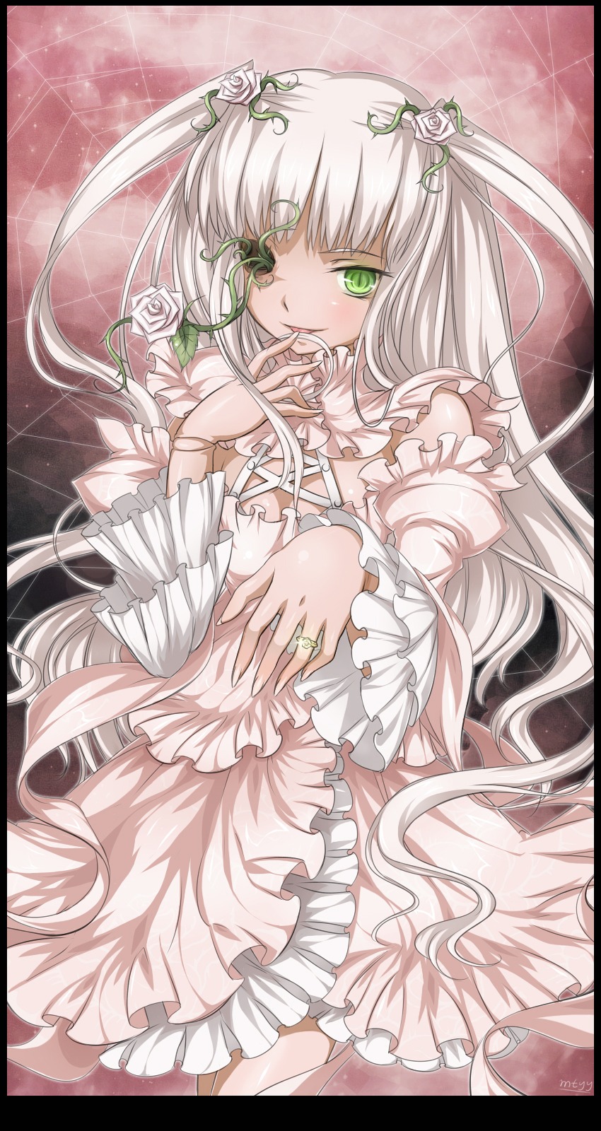 1girl bare_shoulders commentary_request doll_joints dress eyepatch finger_to_mouth flower frills green_eyes hair_ornament highres image jewelry joints kirakishou letterboxed long_hair mtyy photoshop_(medium) pillarboxed ring rose rozen_maiden solo twintails very_long_hair white_hair