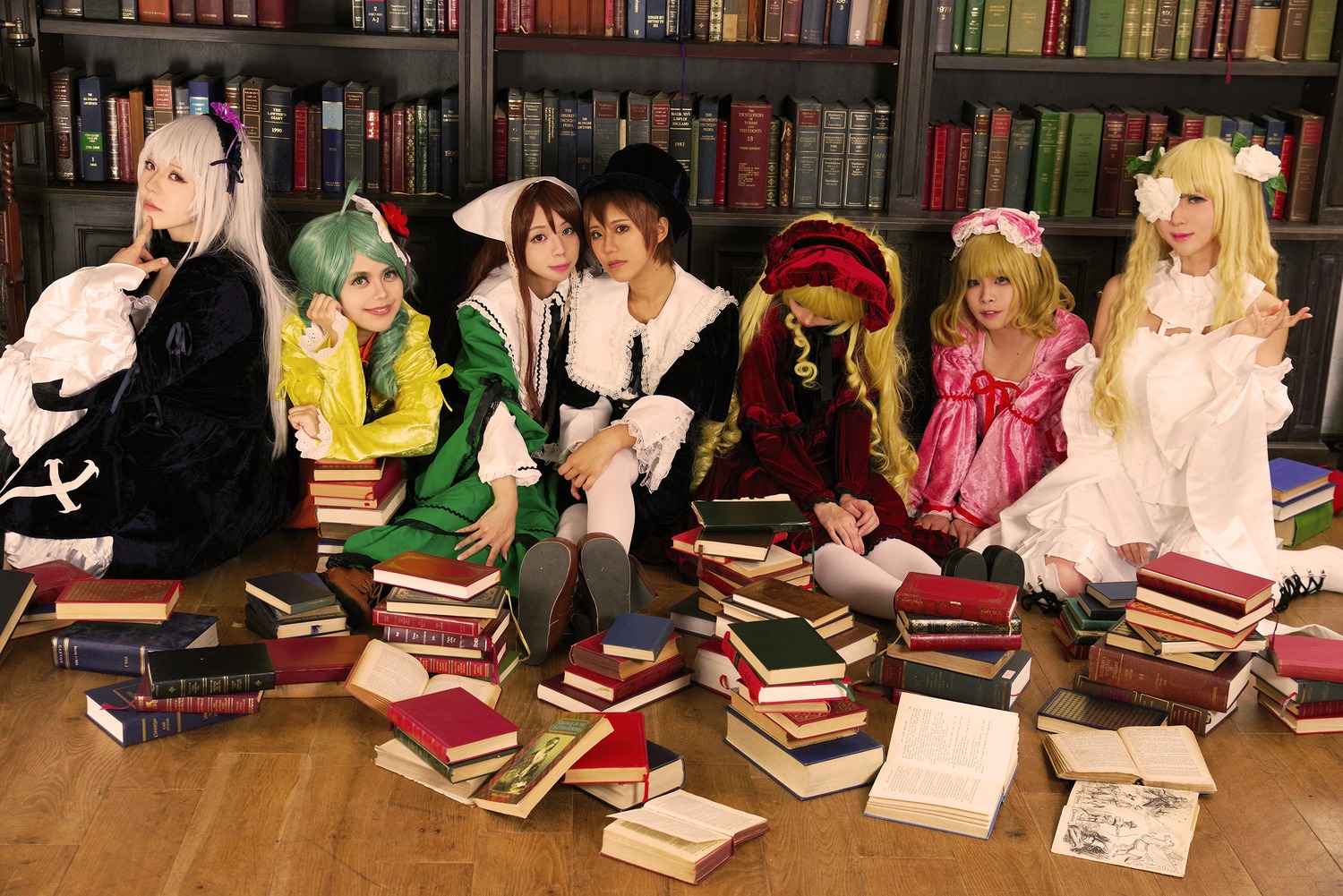 black_hair blonde_hair book book_stack bookshelf hair_ornament hat long_hair multiple_boys multiple_cosplay multiple_girls sitting tagme