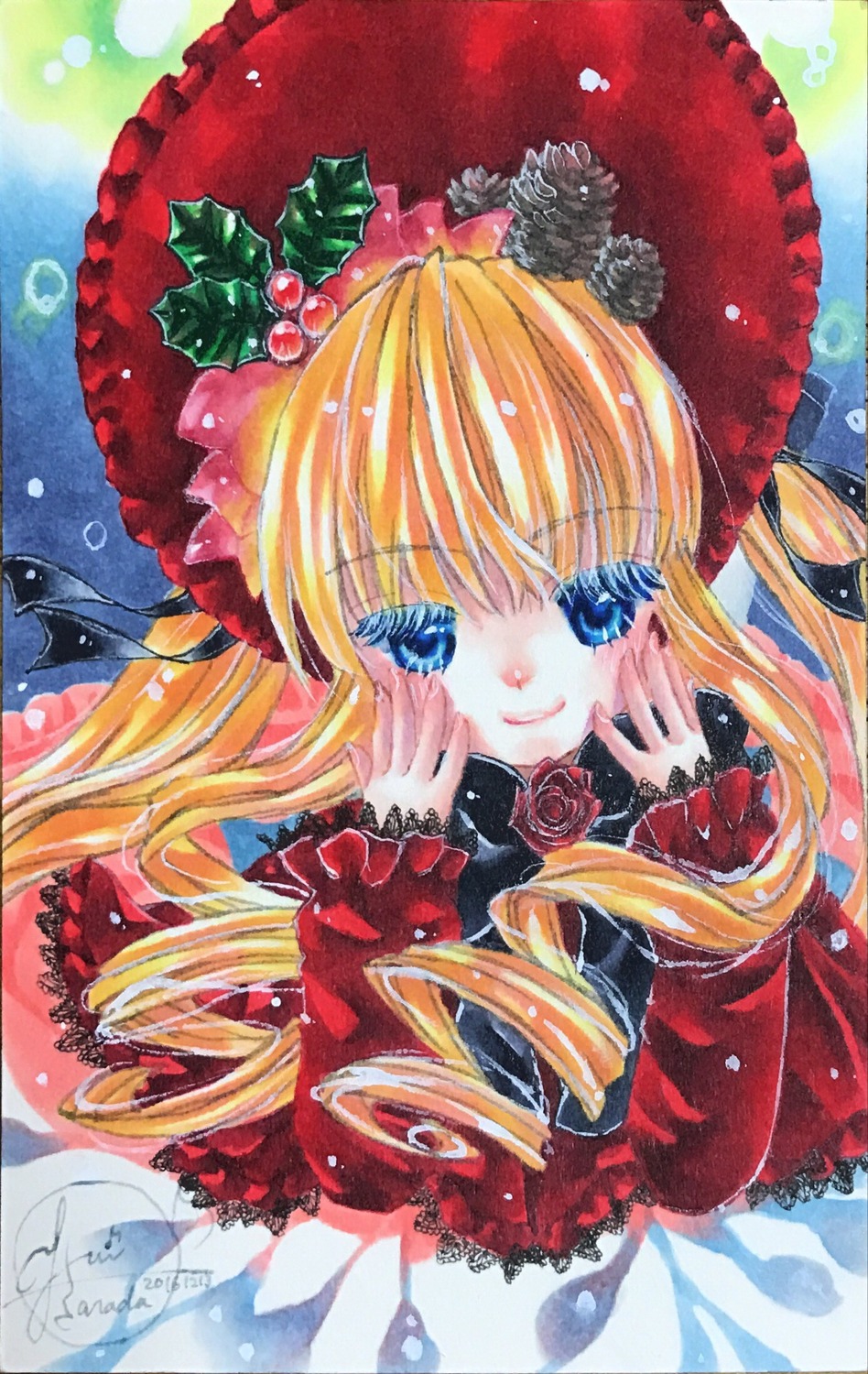 1girl blonde_hair blue_eyes bonnet bow dress drill_hair flower frills hands_on_own_face hat image long_hair looking_at_viewer marker_(medium) pink_rose red_dress red_flower rose shinku smile solo traditional_media twin_drills watercolor_(medium)