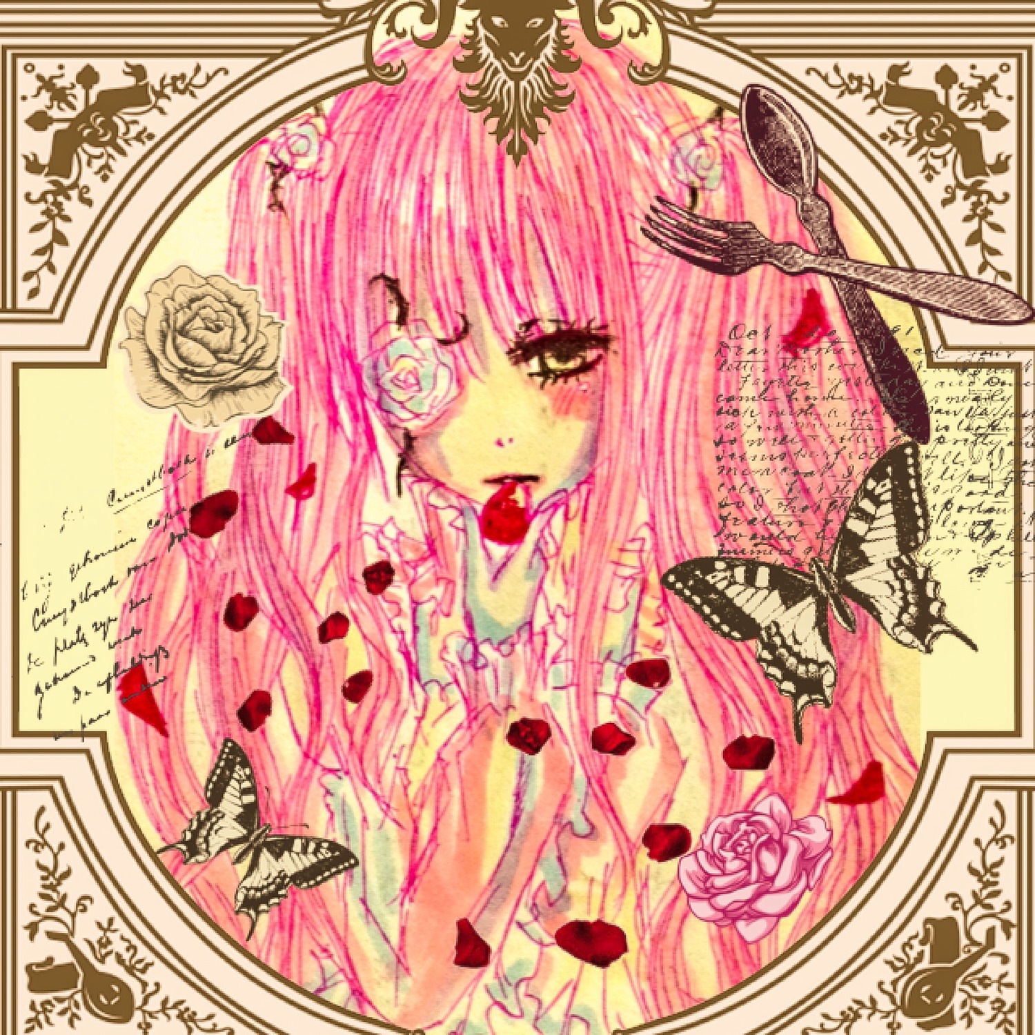 1girl apple blue_butterfly bug butterfly butterfly_hair_ornament flower food fruit image insect kirakishou long_hair pink_flower pink_hair rose solo white_rose