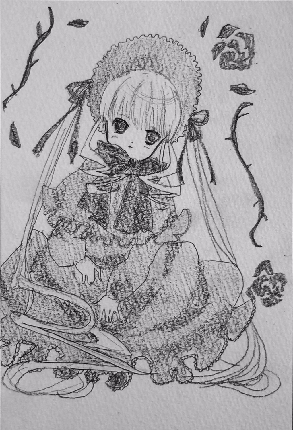 1girl bonnet bowtie dress greyscale hat image lace long_hair long_sleeves looking_at_viewer monochrome shinku solo traditional_media twintails very_long_hair