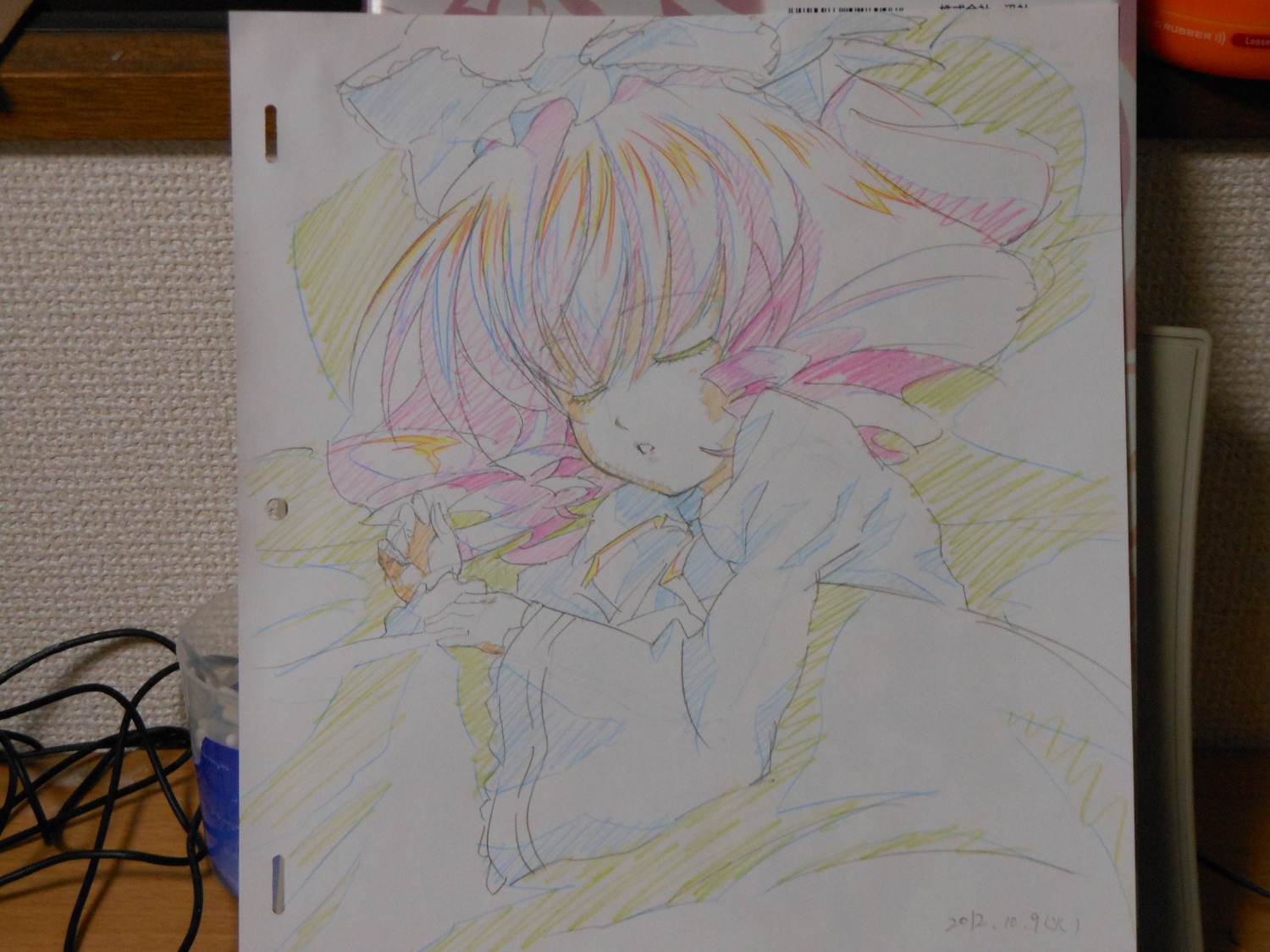 1girl blonde_hair closed_eyes hat hinaichigo image indoors long_sleeves lying mob_cap photo shikishi short_hair sleeping solo traditional_media