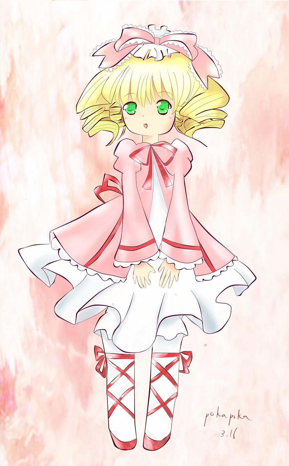 1girl :o blonde_hair bow cross-laced_footwear dress drill_hair full_body green_eyes hina_ichigo hinaichigo image long_sleeves looking_at_viewer pink_bow pink_dress pink_footwear ribbon short_hair solo standing twin_drills