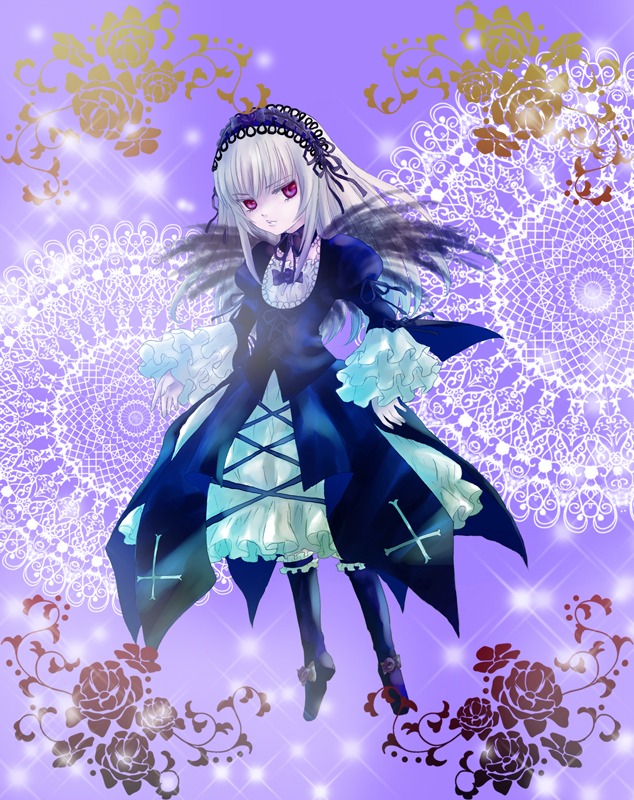 1girl black_wings boots dress flower frills full_body hairband image long_hair long_sleeves looking_at_viewer purple_background red_eyes ribbon rose silver_hair solo standing suigintou wings