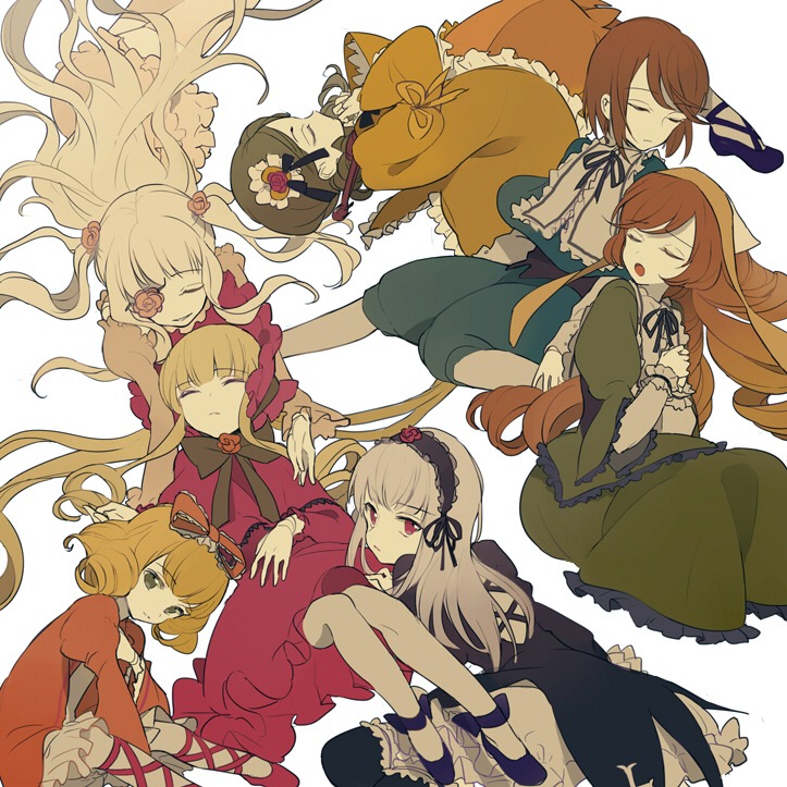 6+girls blonde_hair bonnet bow brown_hair closed_eyes commentary_request dress drill_hair eyepatch flower frills from_above green_dress green_eyes green_hair hair_bow hair_ornament hairband hina_ichigo image kanaria kirakishou lolita_fashion long_hair long_sleeves looking_at_viewer lowe_(slow) lying multiple multiple_girls on_back on_side open_mouth pantyhose pink_bow red_dress red_eyes ribbon rose rozen_maiden shinku short_hair silver_hair simple_background sleeping souseiseki suigintou suiseiseki tagme two_side_up very_long_hair white_background white_legwear