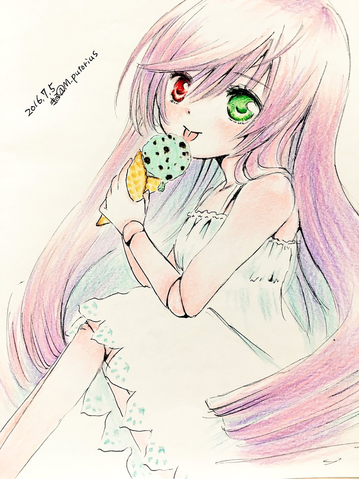 1girl :p dress food green_eyes heterochromia holding holding_food ice_cream ice_cream_cone image long_hair pink_hair red_eyes sitting solo suiseiseki tongue tongue_out traditional_media very_long_hair