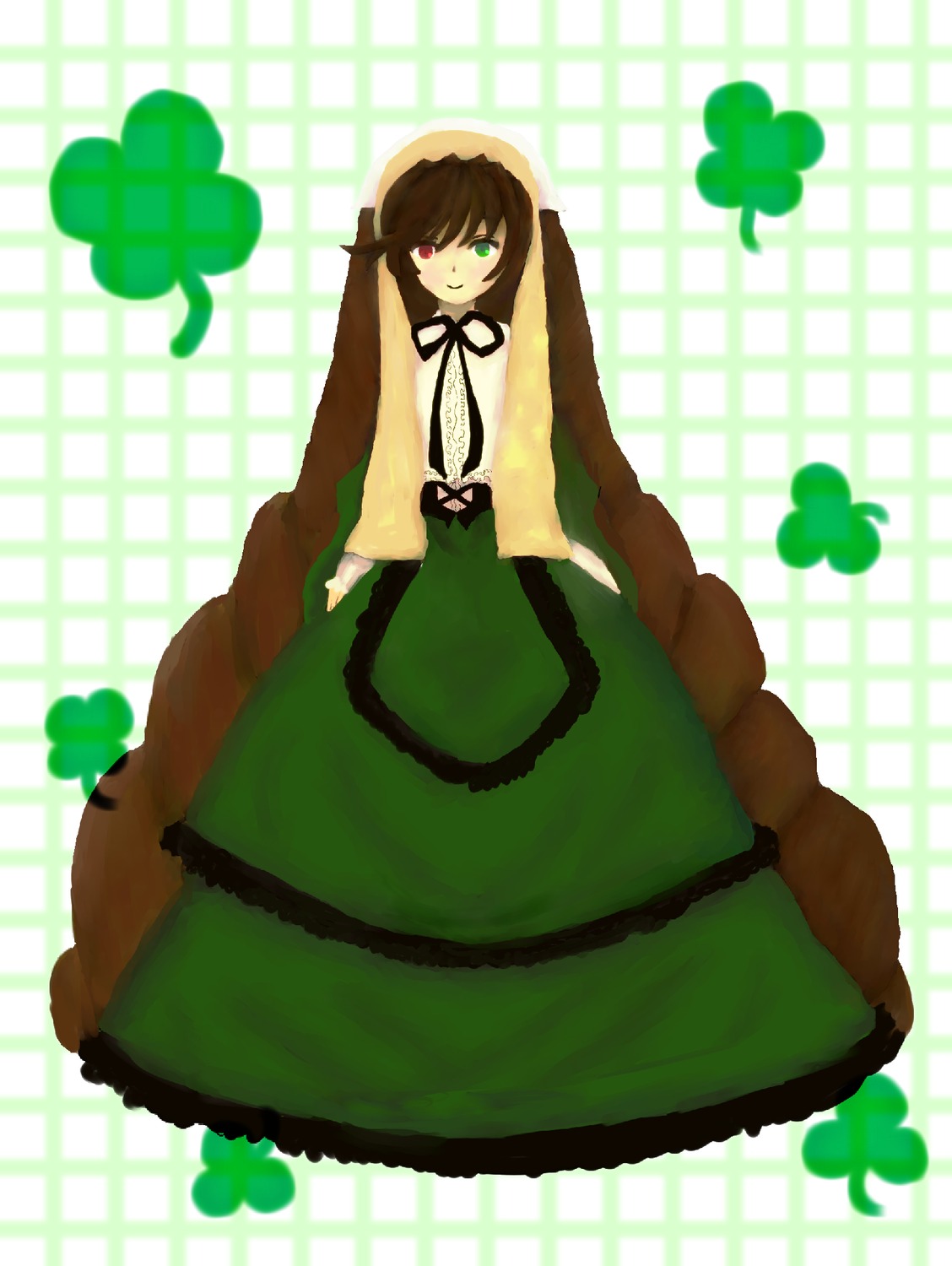 1girl brown_hair dress full_body green_dress green_eyes heterochromia image long_hair long_sleeves looking_at_viewer red_eyes smile solo suiseiseki twintails very_long_hair