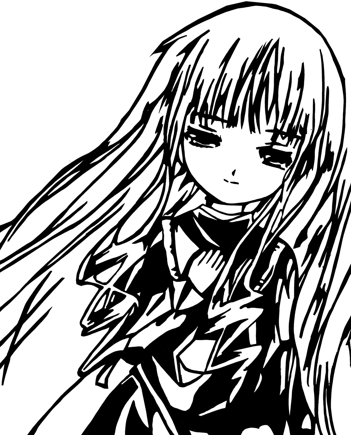 1girl bangs blush dress greyscale hijiri_byakuren image long_hair long_sleeves looking_at_viewer monochrome shinku simple_background smile solo upper_body white_background