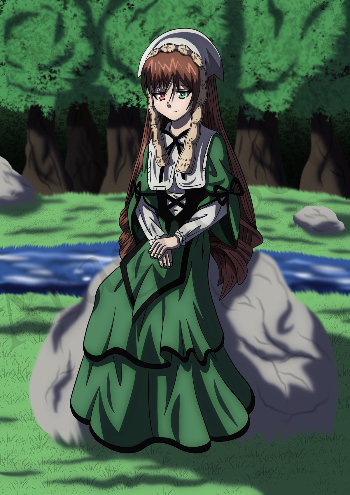 1girl blurry brown_hair dress grass green_dress green_eyes hairband heterochromia image long_hair long_sleeves looking_at_viewer outdoors red_eyes solo suiseiseki very_long_hair