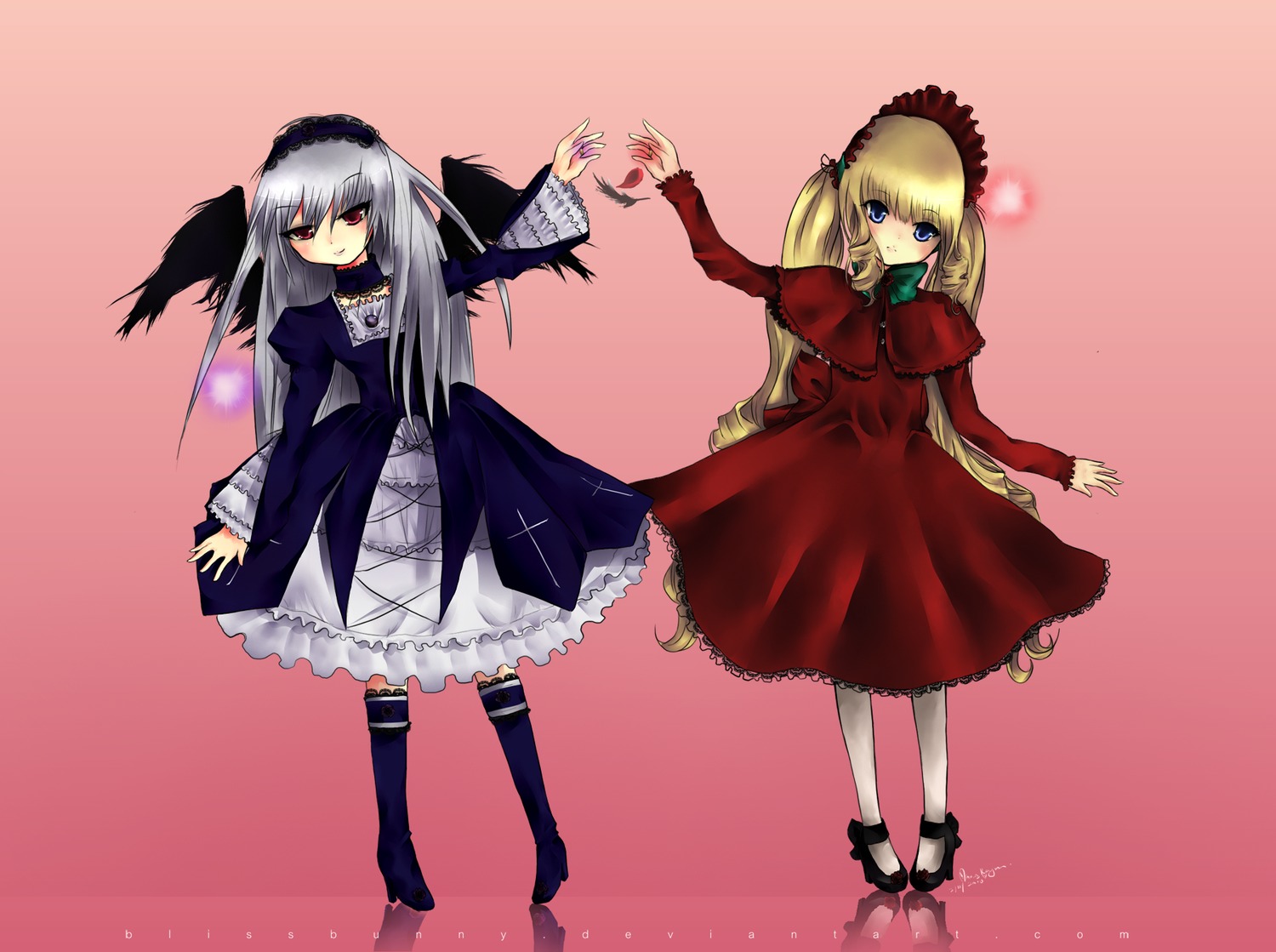 2girls blonde_hair blue_eyes dress frills full_body hairband image long_hair long_sleeves multiple_girls pair red_dress rose shinku silver_hair simple_background standing suigintou wings