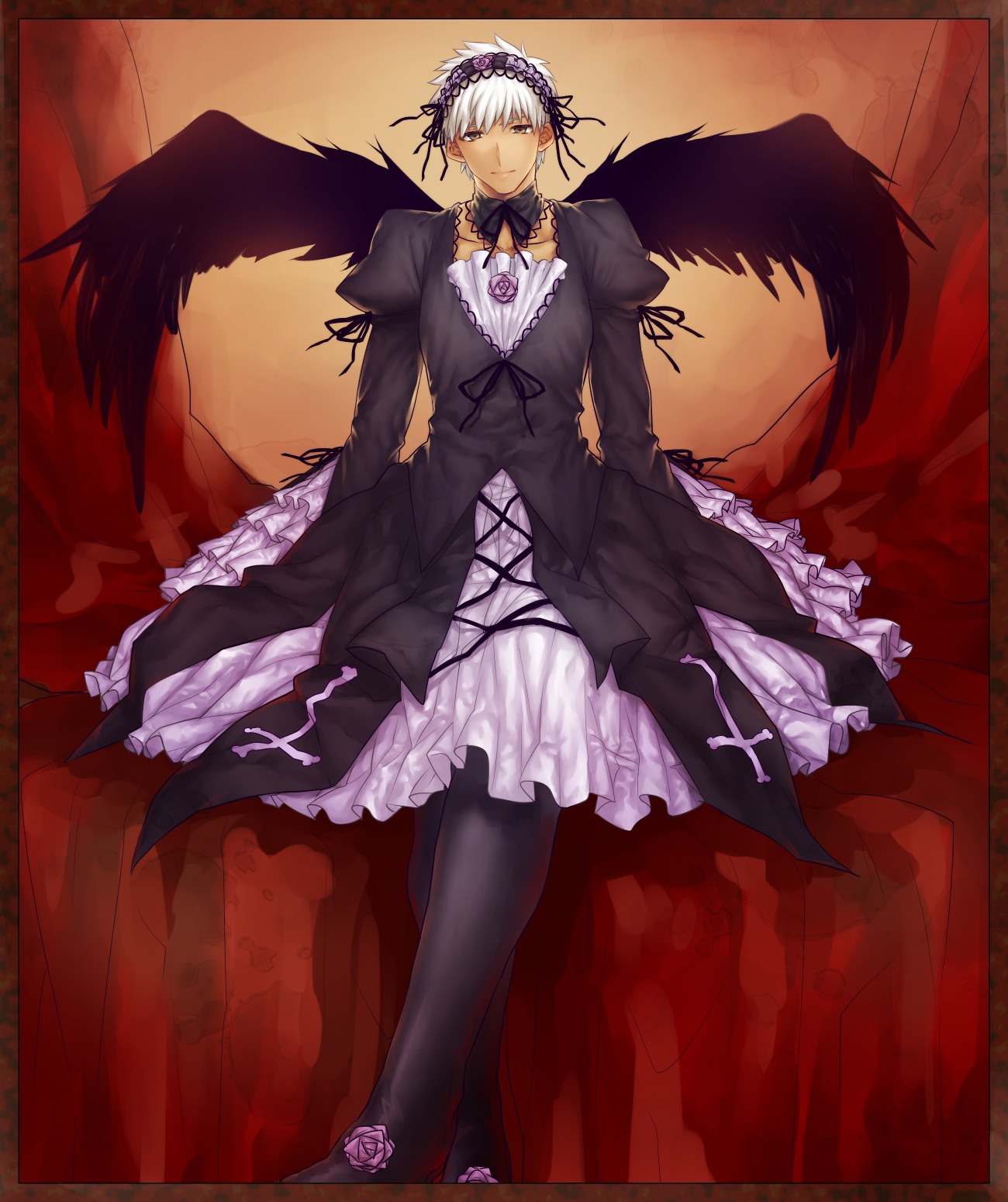 1boy archer_(fate) bad_id bad_pixiv_id black_wings dark-skinned_male dark_skin dress fate_(series) flower frilled_sleeves frills gothic_lolita grey_eyes hairband highres image lolita_fashion long_sleeves looking_at_viewer rose rozen_maiden silver_hair sitting solo suigintou washizu0808 white_hair wings