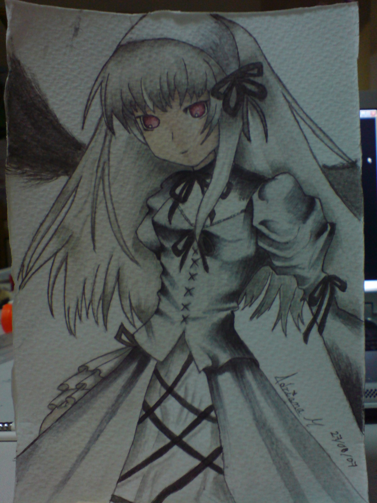 1girl black_ribbon dress frills hairband image long_hair long_sleeves looking_at_viewer puffy_sleeves ribbon solo suigintou traditional_media very_long_hair wings