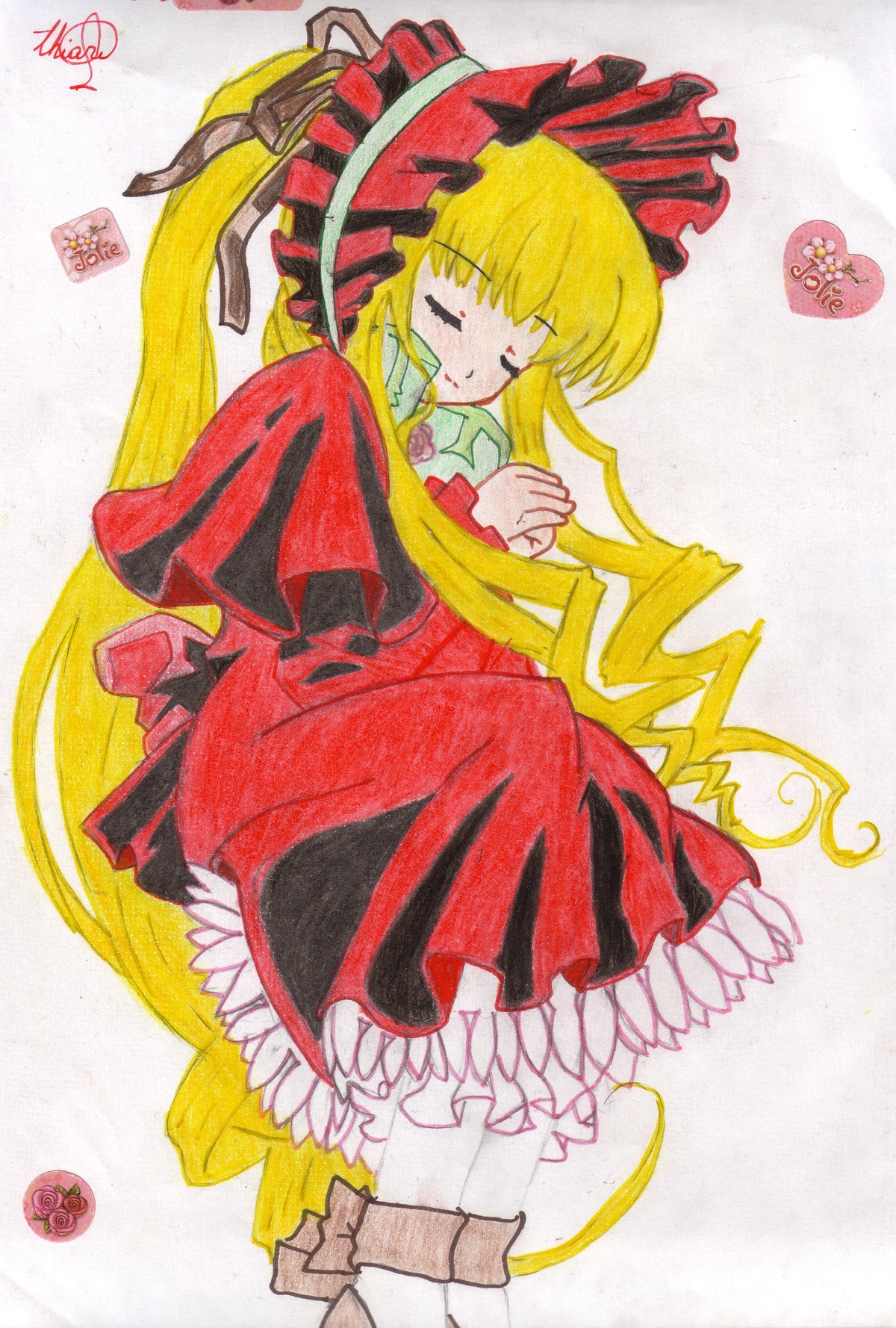 1girl auto_tagged bangs blonde_hair blush bonnet bow closed_eyes dress flower frills full_body image long_hair long_sleeves red_dress rose shinku solo traditional_media