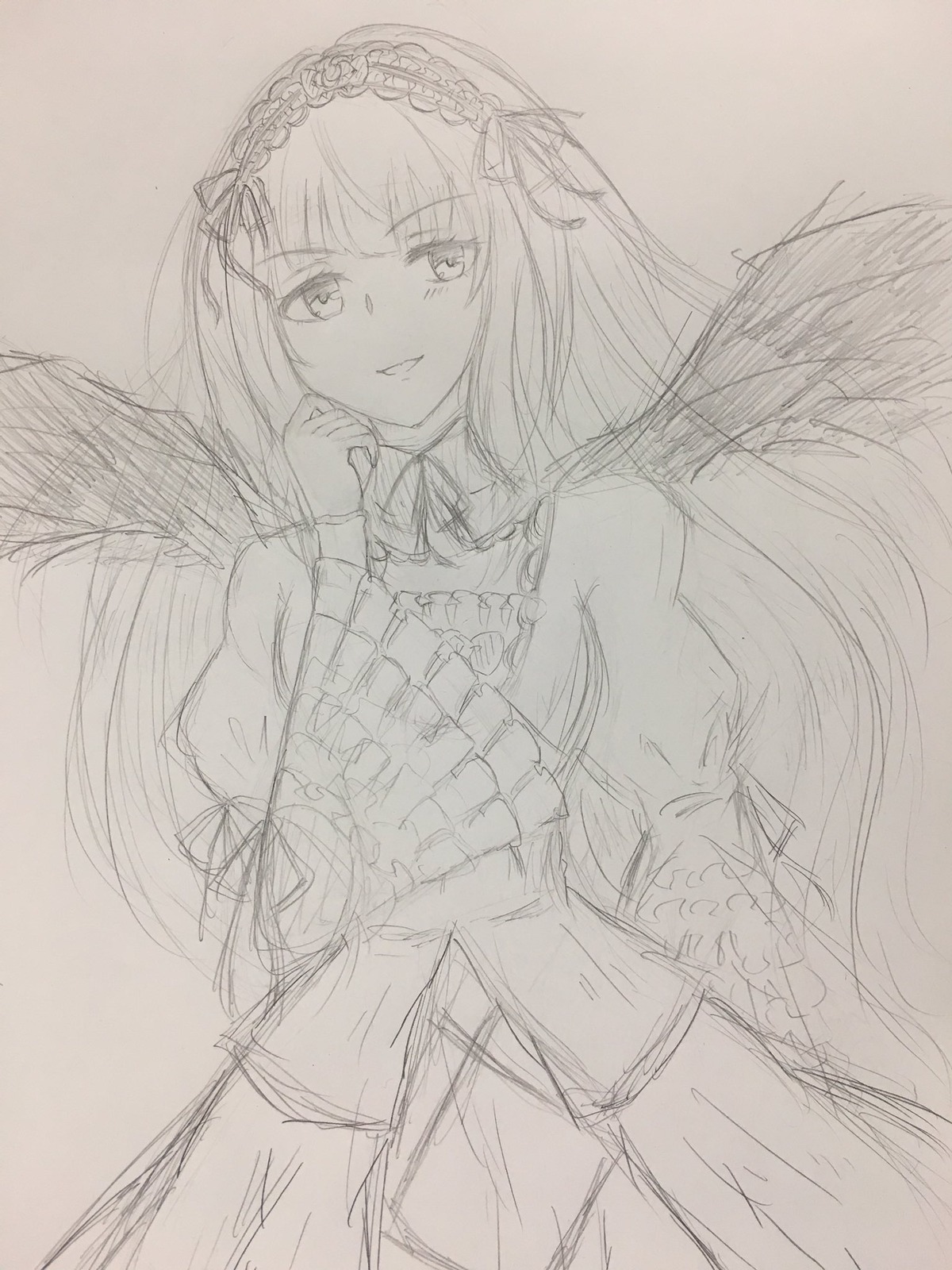 1girl dress eyebrows_visible_through_hair feathered_wings greyscale hairband image long_hair long_sleeves looking_at_viewer monochrome simple_background sketch smile solo suigintou traditional_media very_long_hair wings