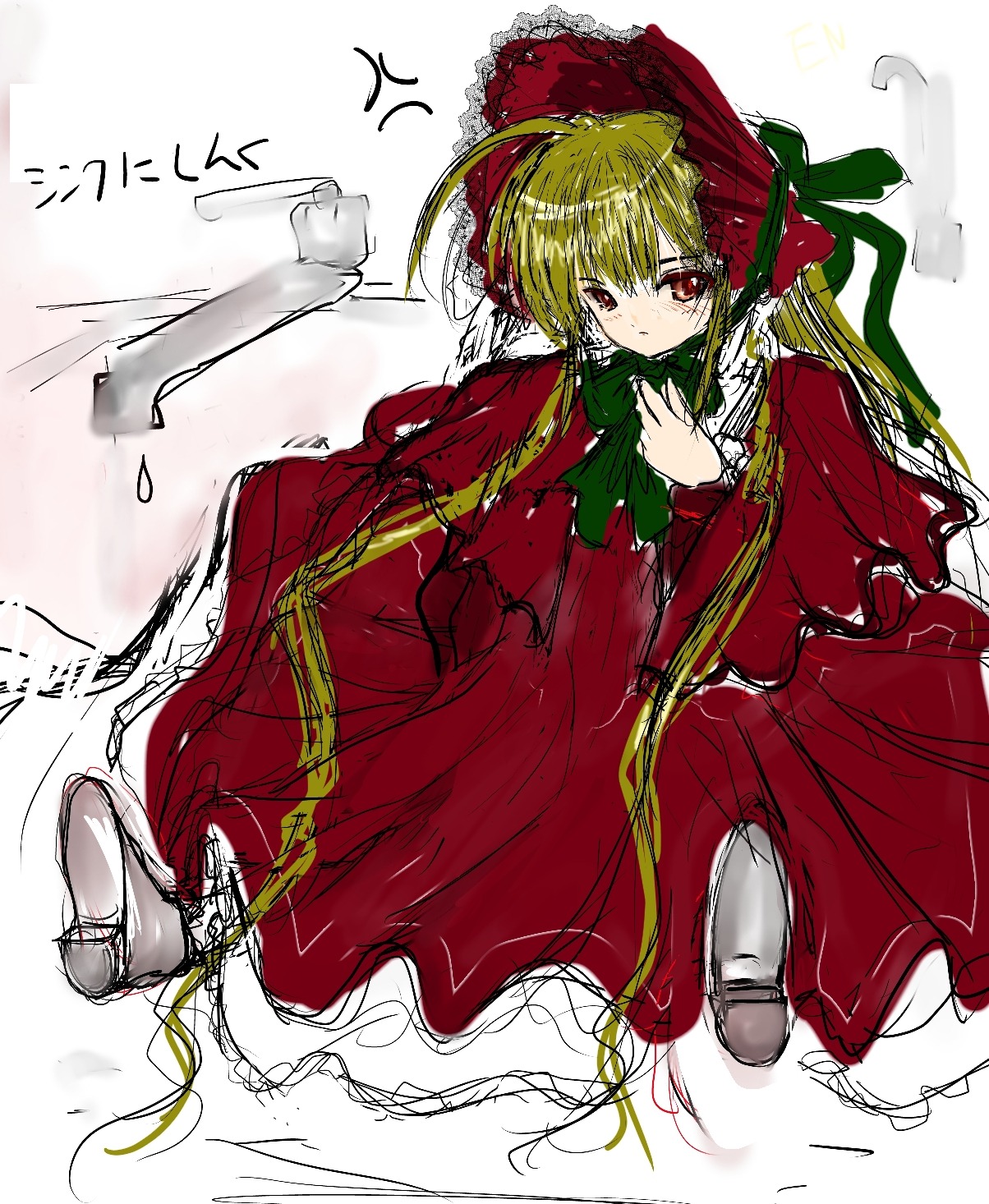 1girl blonde_hair blush bonnet bow capelet dress frills image long_hair long_sleeves red_dress red_eyes shinku sketch solo