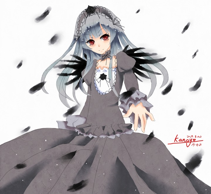 1girl bangs bird black_dress black_feathers black_wings blush dress feathered_wings feathers flower frills hairband image lolita_fashion lolita_hairband long_hair long_sleeves looking_at_viewer red_eyes ribbon silver_hair solo suigintou wings