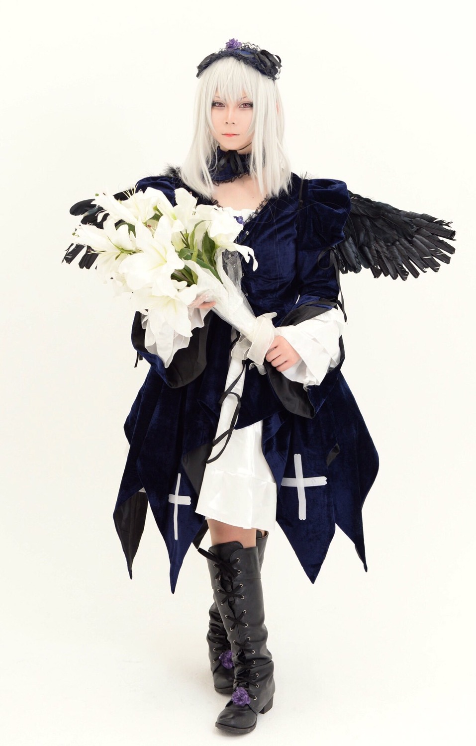 1girl black_footwear boots closed_mouth dress feathers flower full_body long_sleeves looking_at_viewer solo standing suigintou white_hair