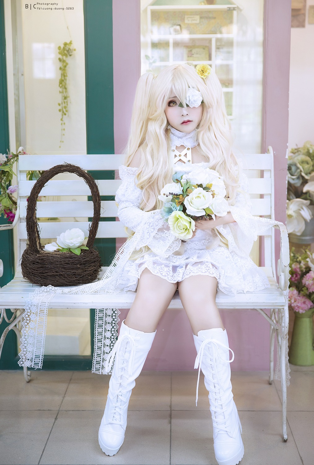 1girl boots dress eyepatch flower hair_ornament kirakishou long_hair rose sitting solo white_flower white_footwear white_hair white_rose