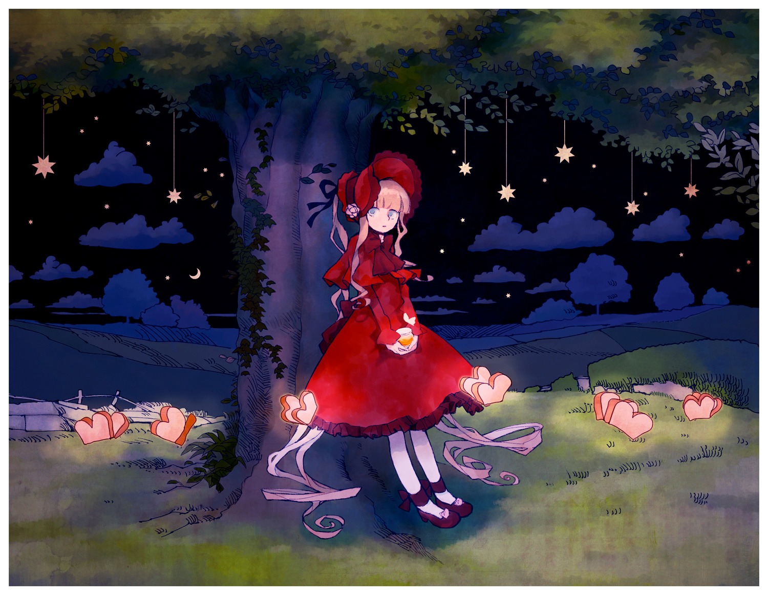 1girl blue_eyes bonnet bow dress forest grass hat image nature night outdoors red_dress shinku solo standing tree