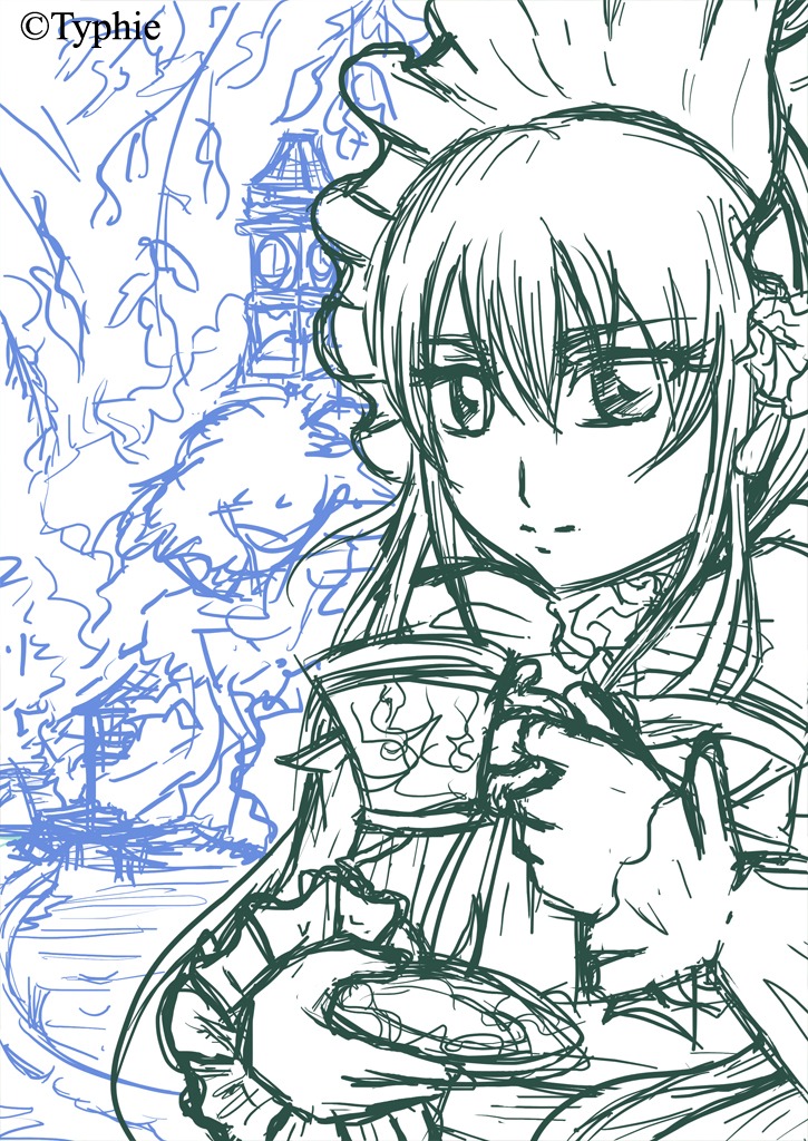 1girl flower frills hair_ornament image long_hair looking_at_viewer monochrome shinku sketch solo twitter_username